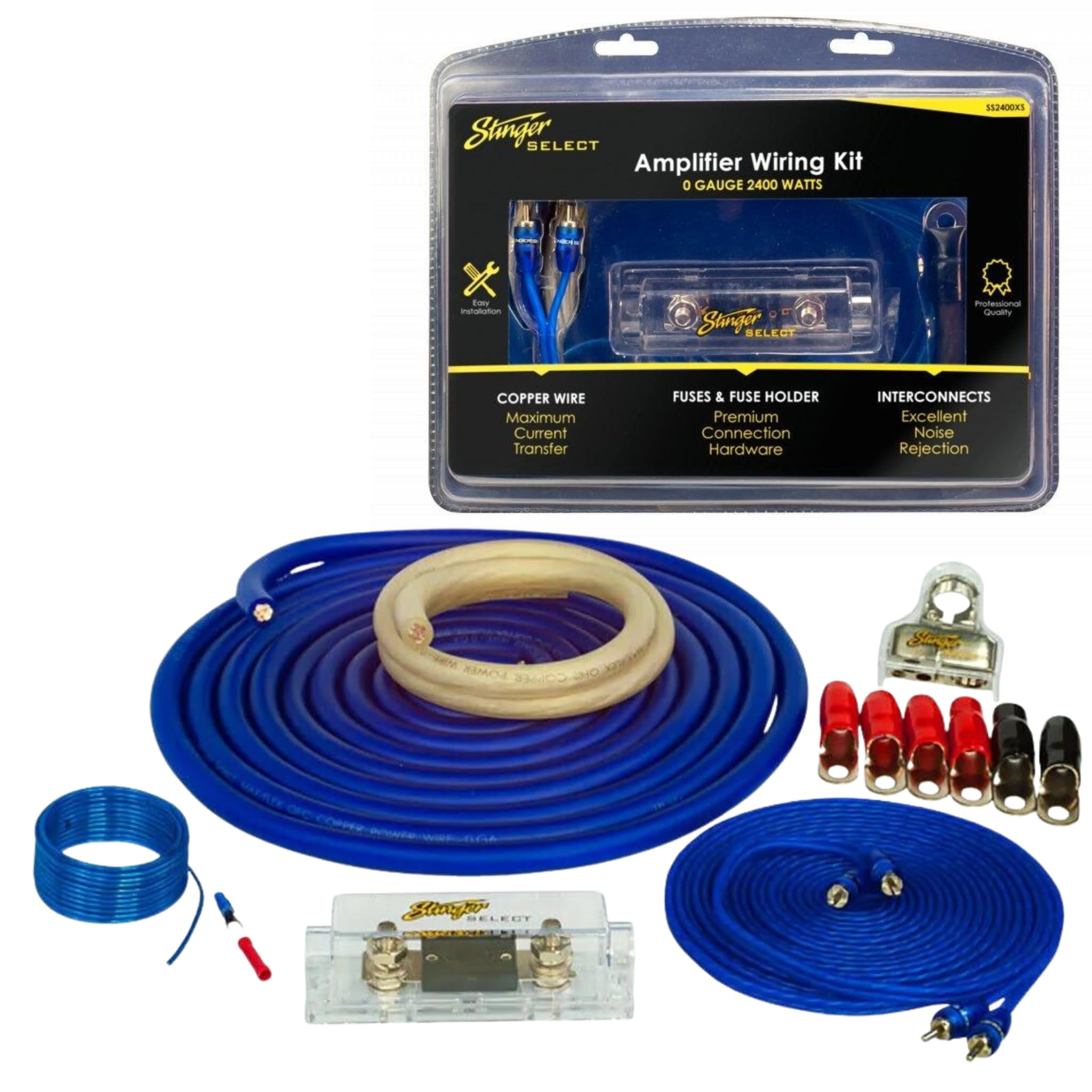 Stinger 1/0 Gauge Copper Amplifier Wiring Kit, 2400 Watt Sub Wiring Kit, Complete Amp Wiring Kit For Easy Installation (Ss2400Xs
