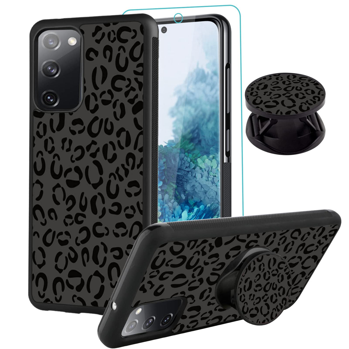 Sakuulo Samsung Galaxy S20 Fe Case, [Screen Protector + Kickstand] Black Leopard Cheetah Design, Anti Slip Shockproof Lightweigh