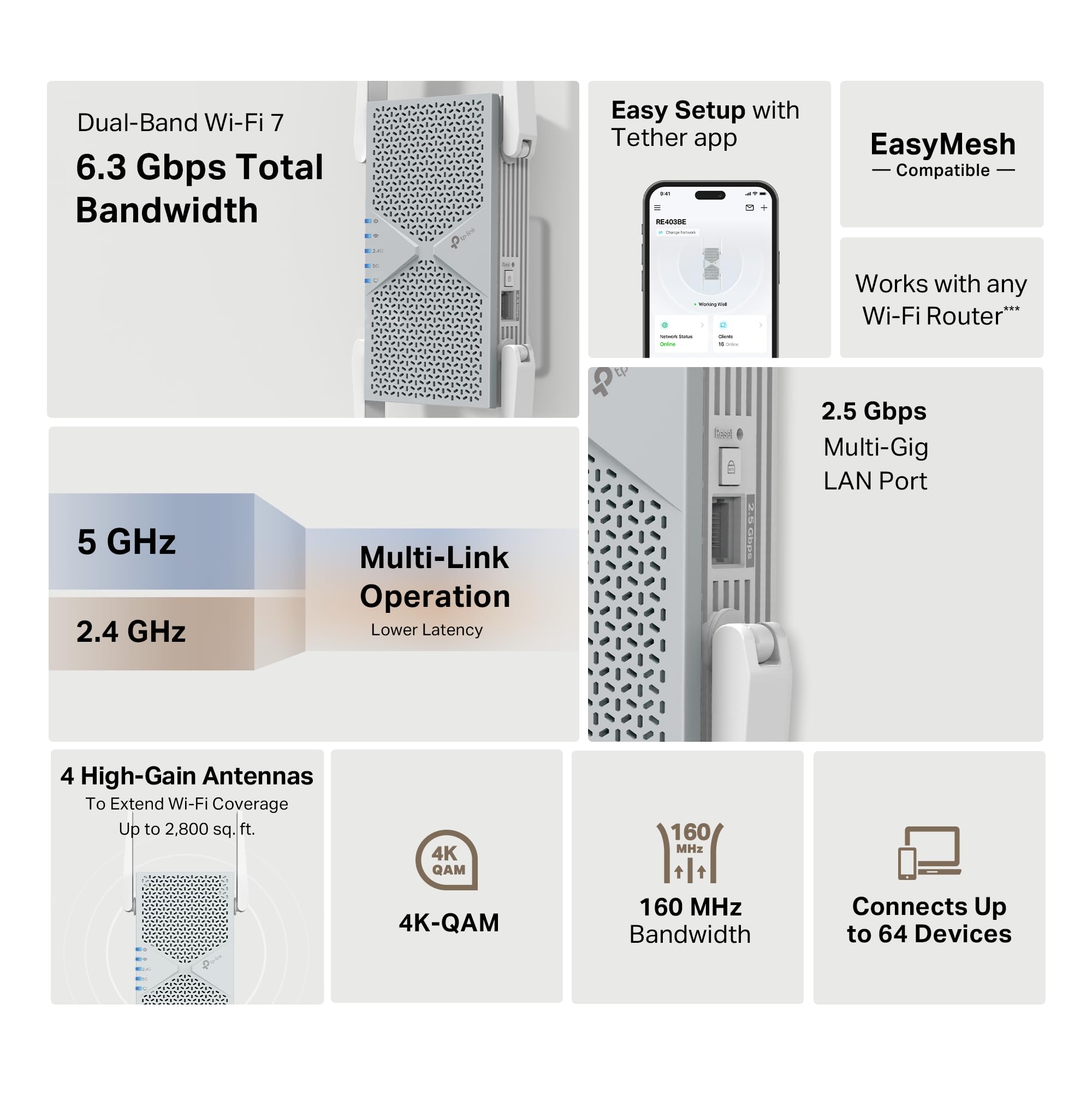 Tp-Link Be6300 Wi-Fi 7 Range Extender Re403Be W/ 2.5G Port | 6.3 Gbps Dual-Band Wireless Repeater | Internet Signal Booster For