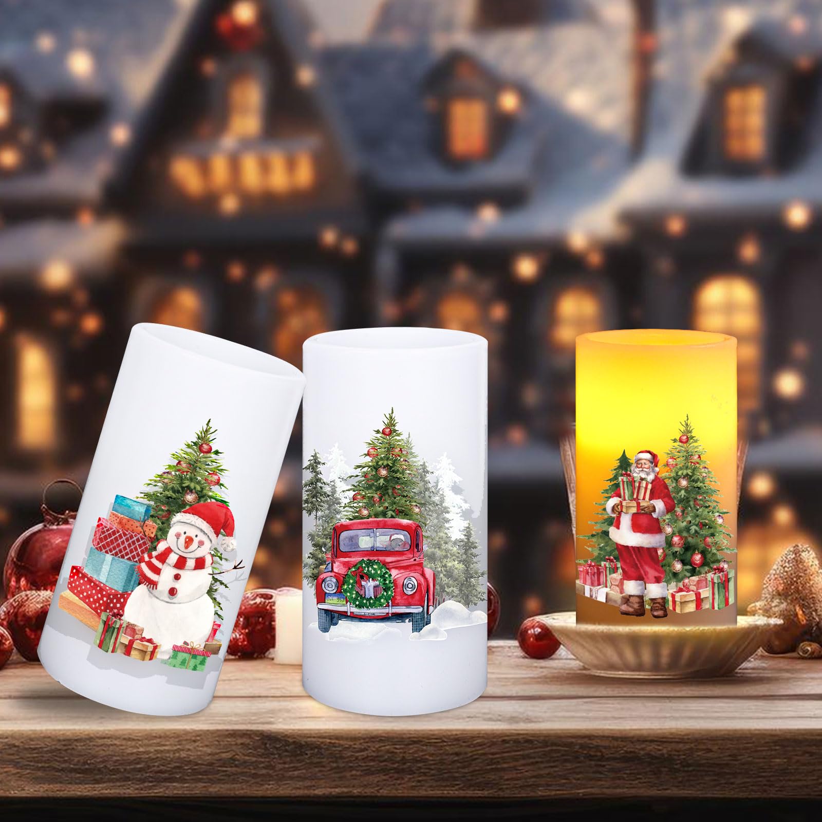 Whaline Christmas Led Flameless Candles Santa Snowman Tree Warm Light Battery Operated Pillar Candles Xmas Watercolor Electric F