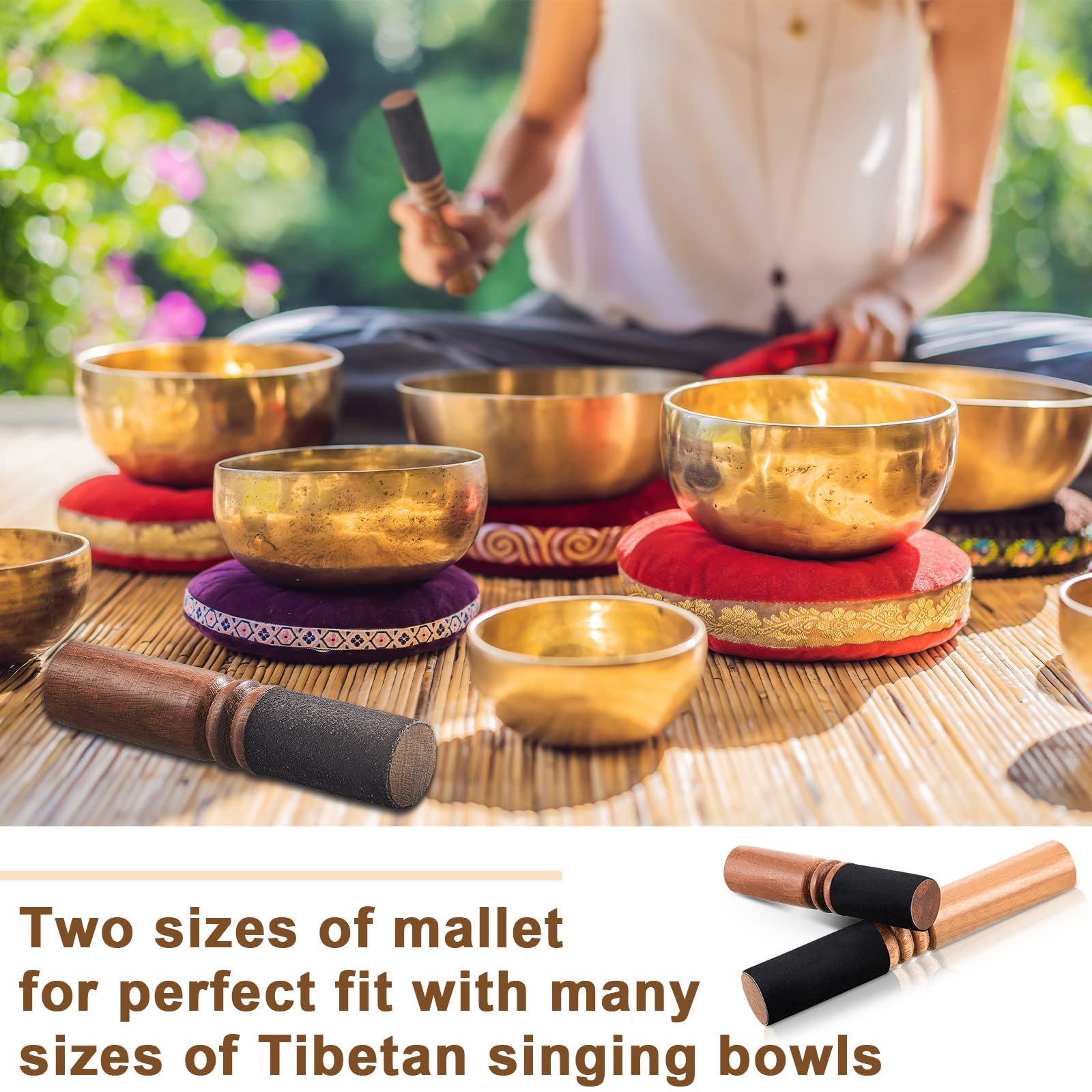 Nuanchu 2 Pieces Tibetan Singing Bowl Mallet Suede Wooden Striker Leather Wrapped Meditation Mallet Sound Bowl Stick Buddha Musi
