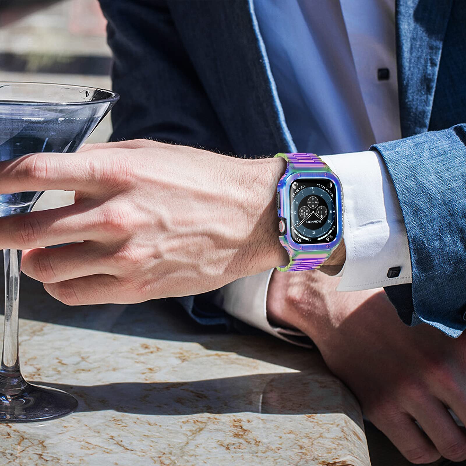 Miohhr Stainless Steel Band And Case Compatible With Apple Watch Band 44Mm 42Mm, Men Metal Protective Bumper Cover For Iwatch Se