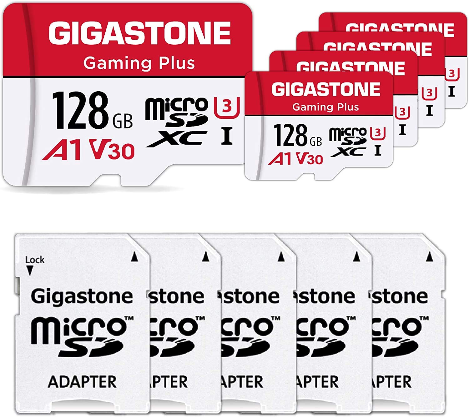 GIGASTONE Micro SD Card 128GB 5 Pack, Gaming Plus, MicroSDXC Memory Card for Nintendo Switch, Security Camera, Dash Cam, UHS I U3 A1 Class 10, up to 100MB/s, with MicroSD to SD Adapter