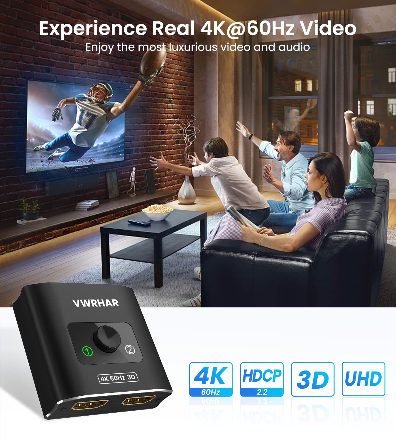 Hdmi Switch Splitter 4K@60Hz, Aluminum Hdmi 2.0 Switcher 2 In 1 Out, Hdmi Splitter 1 In 2 Out, Bi Directional Switch Support 4K