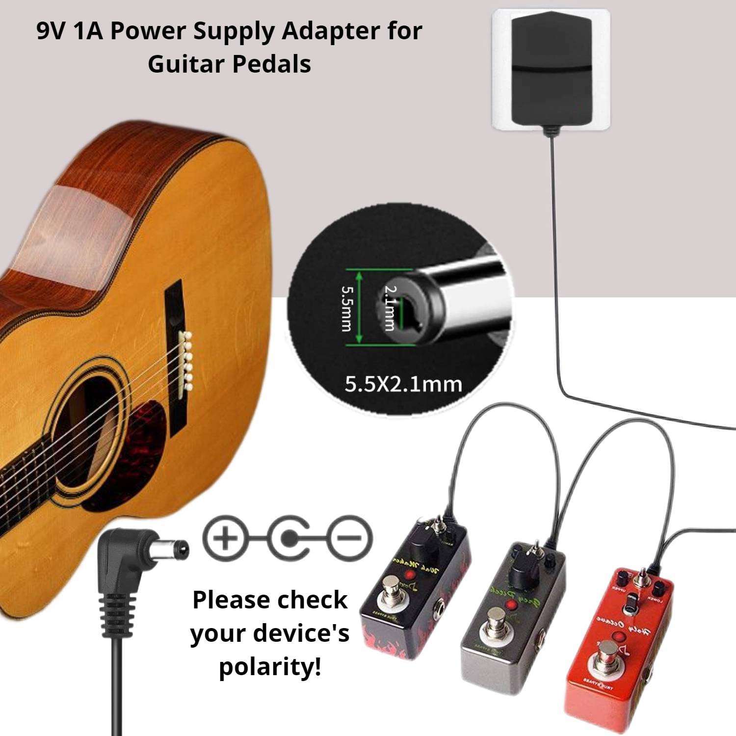 YANZHI 9V DC Power Supply Adapter for BOSS Guitar Pedal, 1A Power Cord with 3-Way Daisy Chain Cables, Center Negative, PSA-120S