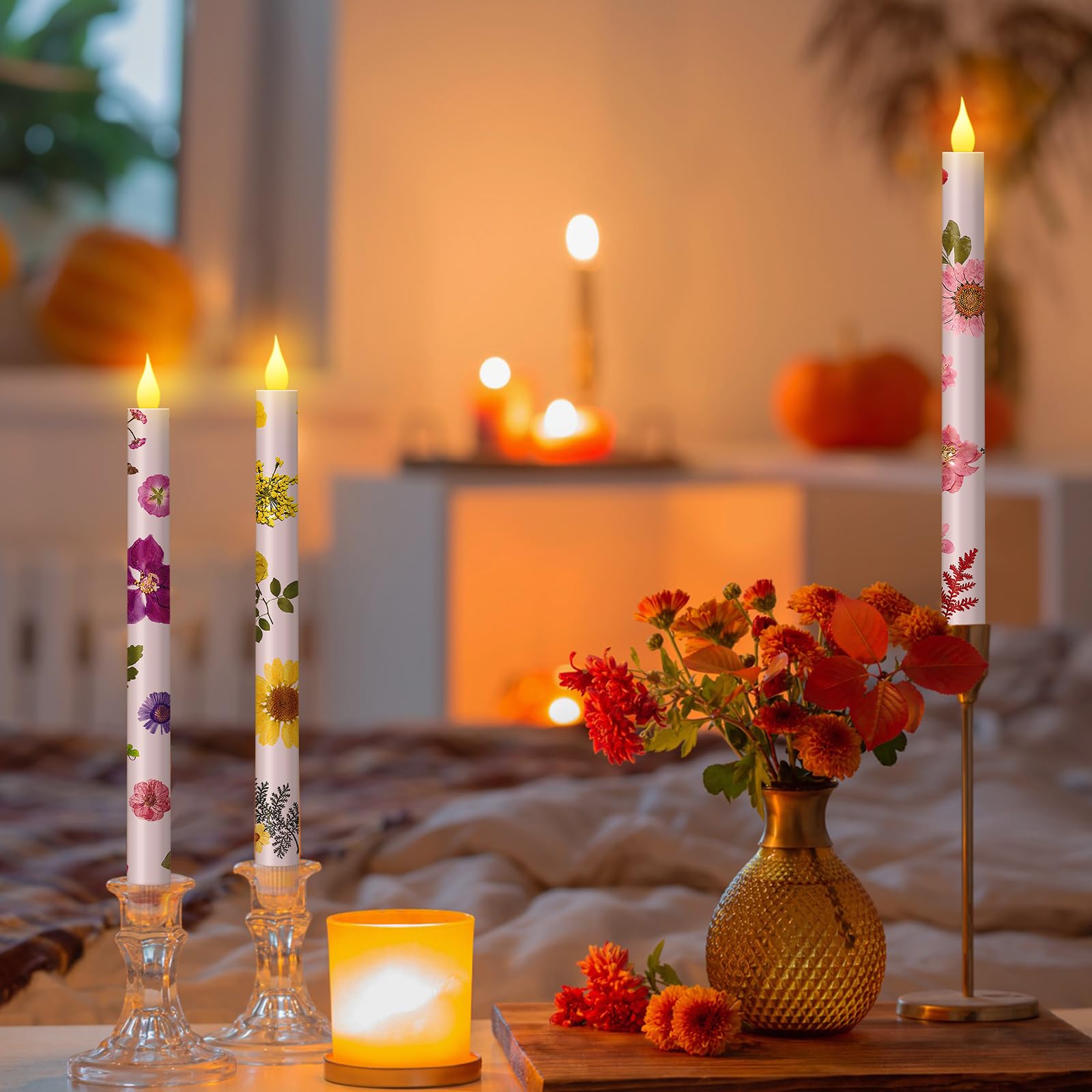 Nuanchu 6 Pcs Floral Taper Candles 10.6 Inch Pastel Flameless Candles Colored Battery Operated Dried Flower Candlestick Led Pres