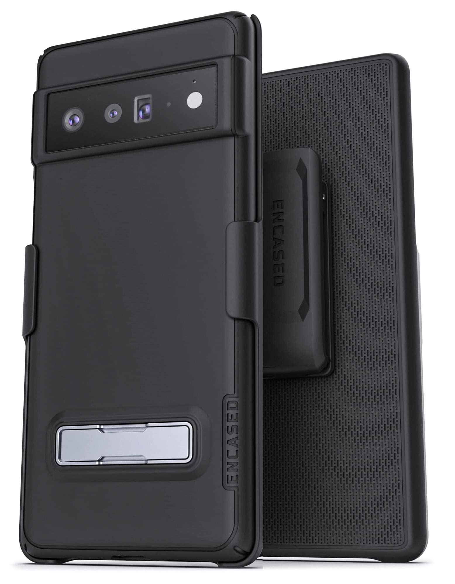 Encased Slimline Designed For Google Pixel 6 Pro Belt Clip Case With Kickstand (2021) Ultra Thin Case With Holster (Black)