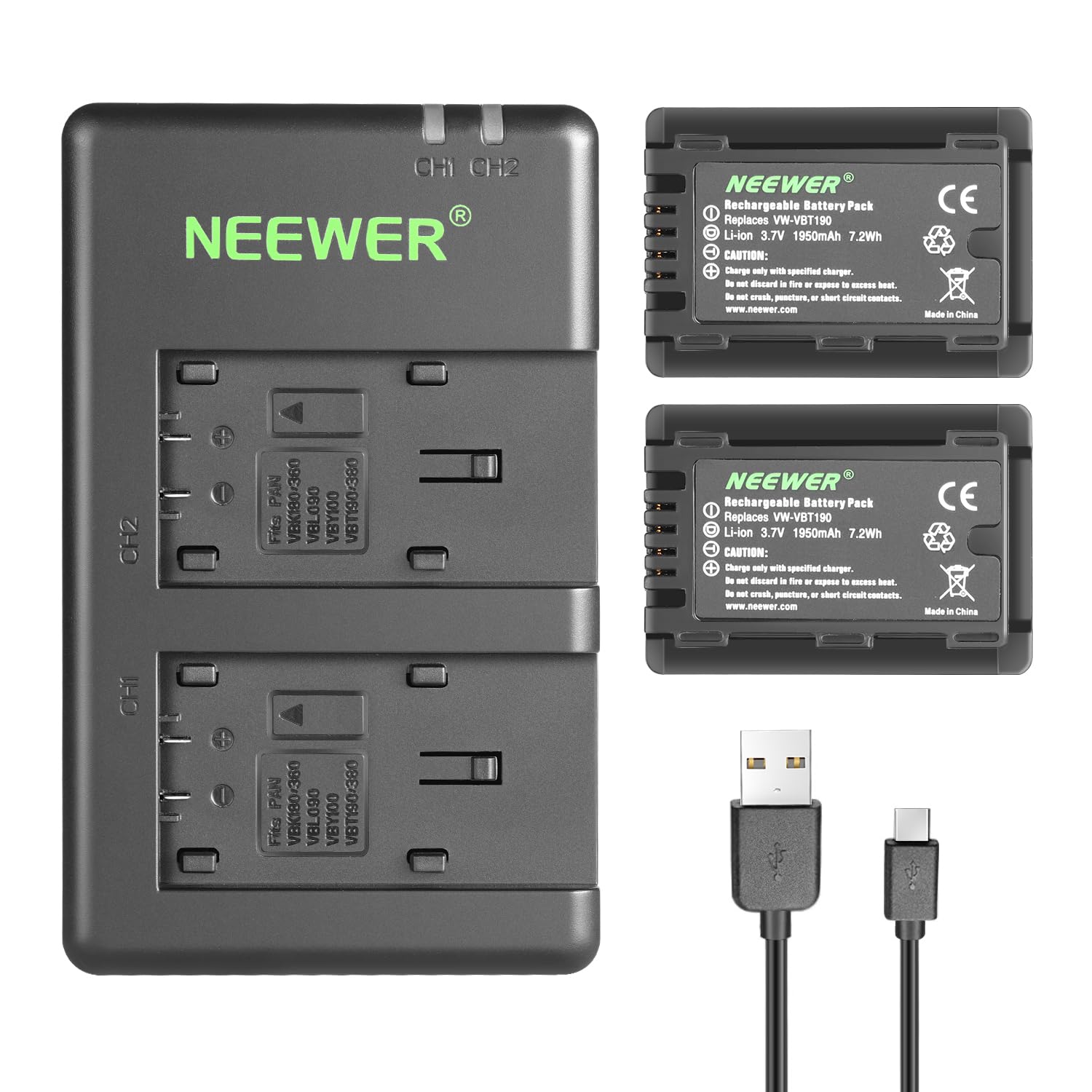 Neewer Vw Vbt190 Battery (2 Pack/1950Mah) And Dual Usb Charger Kit Compatible With Panasonic Hc V110 V130 V160 V180 Hc V201 V210