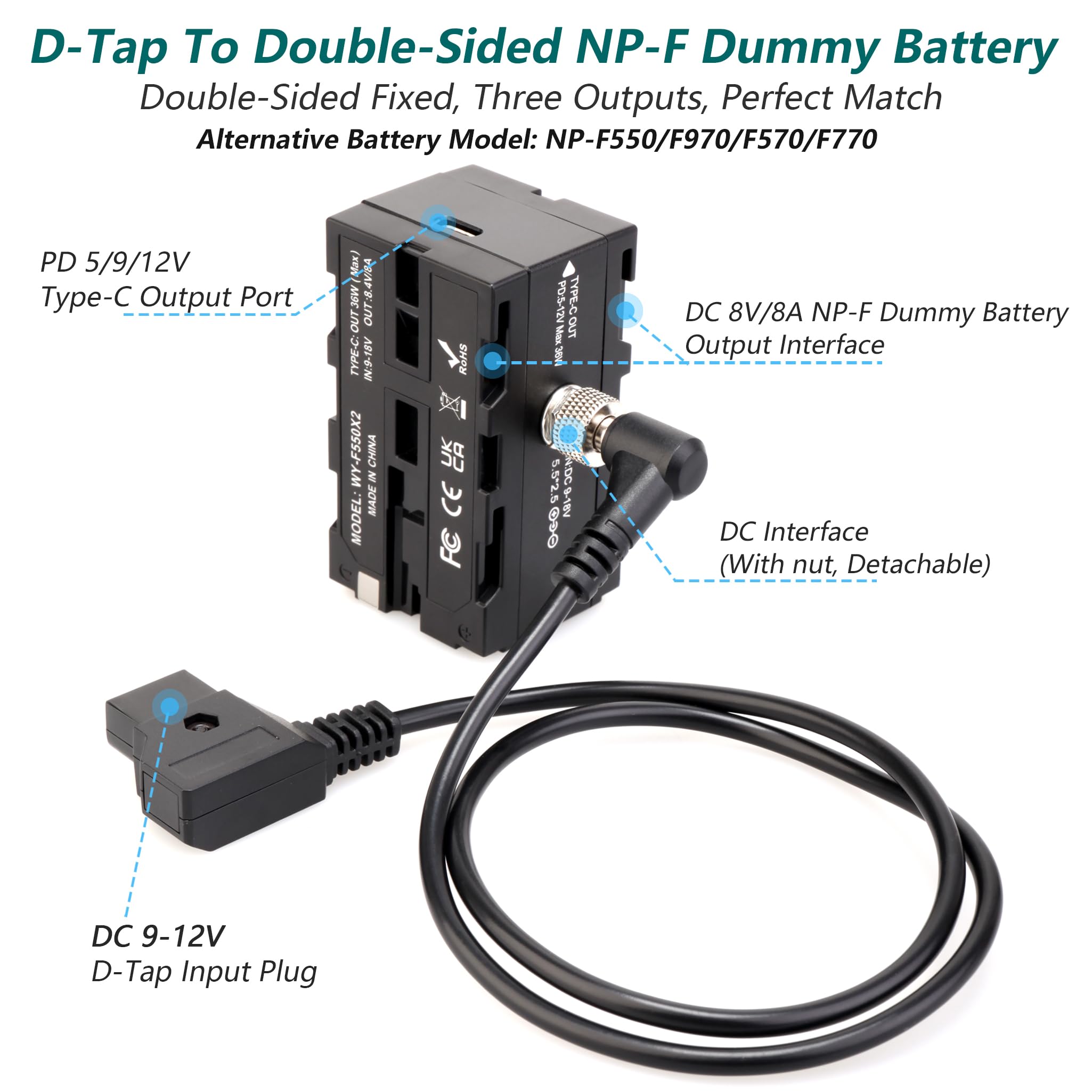 Kocackoo D Tap To Double Sided Np F550/970/570/770 Dummy Battery Power Adapter Compatible For Led Light, Feelworld,Atomos Ninja/