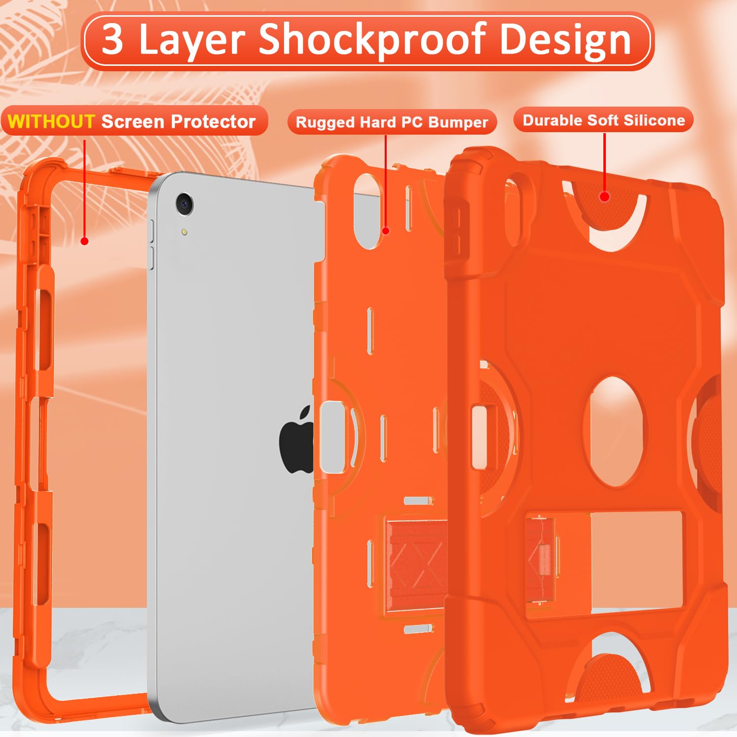 Cantis Heavy Duty Shockproof Rugged Case For Ipad 10Th Gen 10.9 Inch 2022, Orange With Kickstand & Pencil Holder