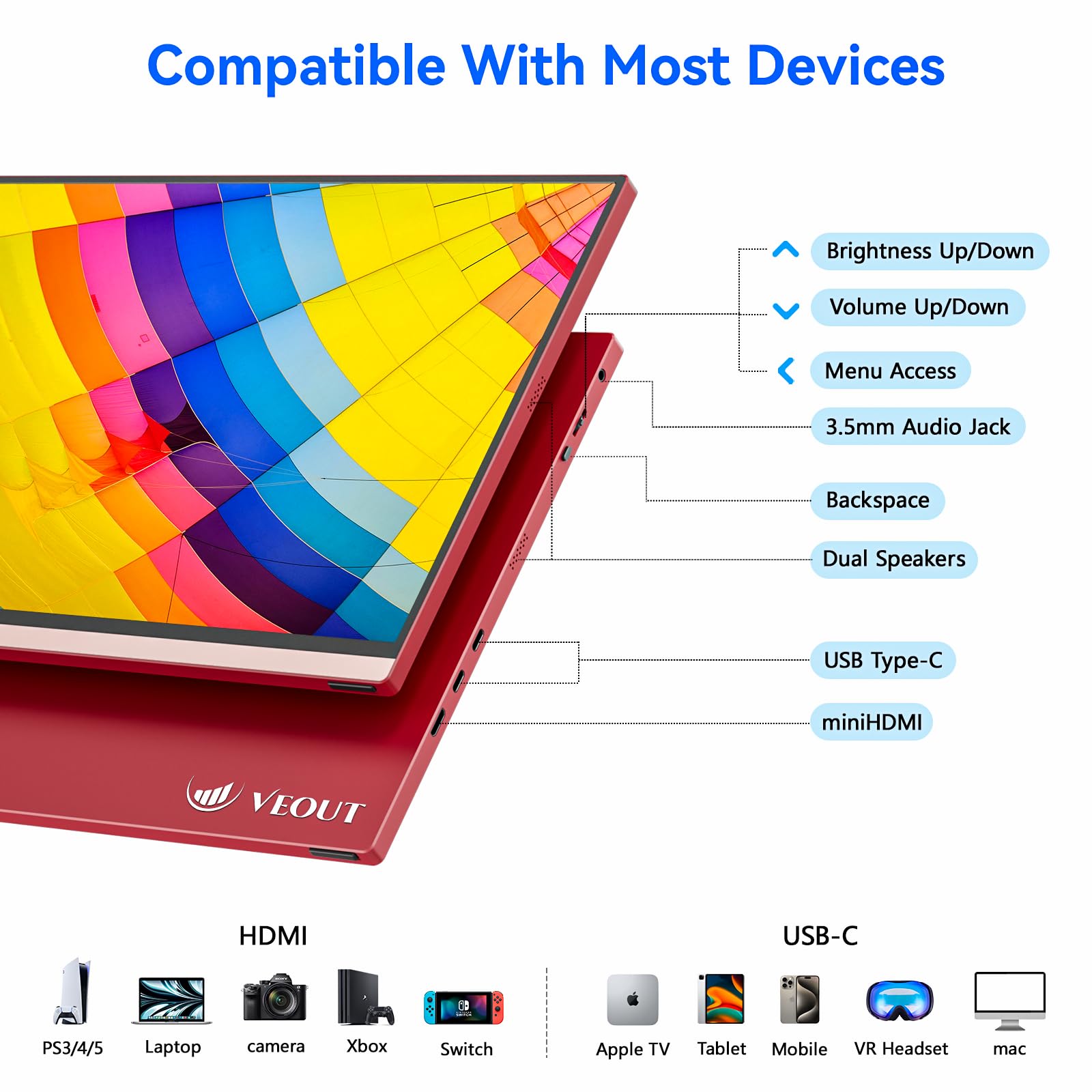 Veout 16Inch Pink Portable Monitor For Laptop, 1920X1200P Ips 16:10 Computer External Screen, 100% Srgb Stand Support Freesync,