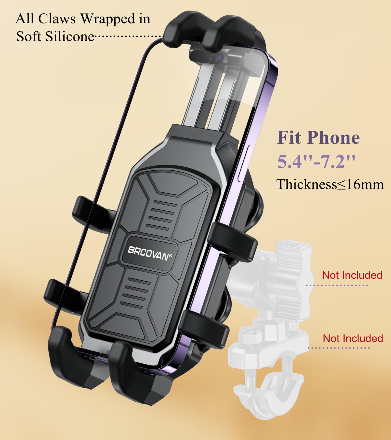 Brcovan 1'' Ball Motorcycle Phone Mount With Vibration Dampener, Adjustable Cell Phone Holder For Atv Utv Bike Scooter, Compatib