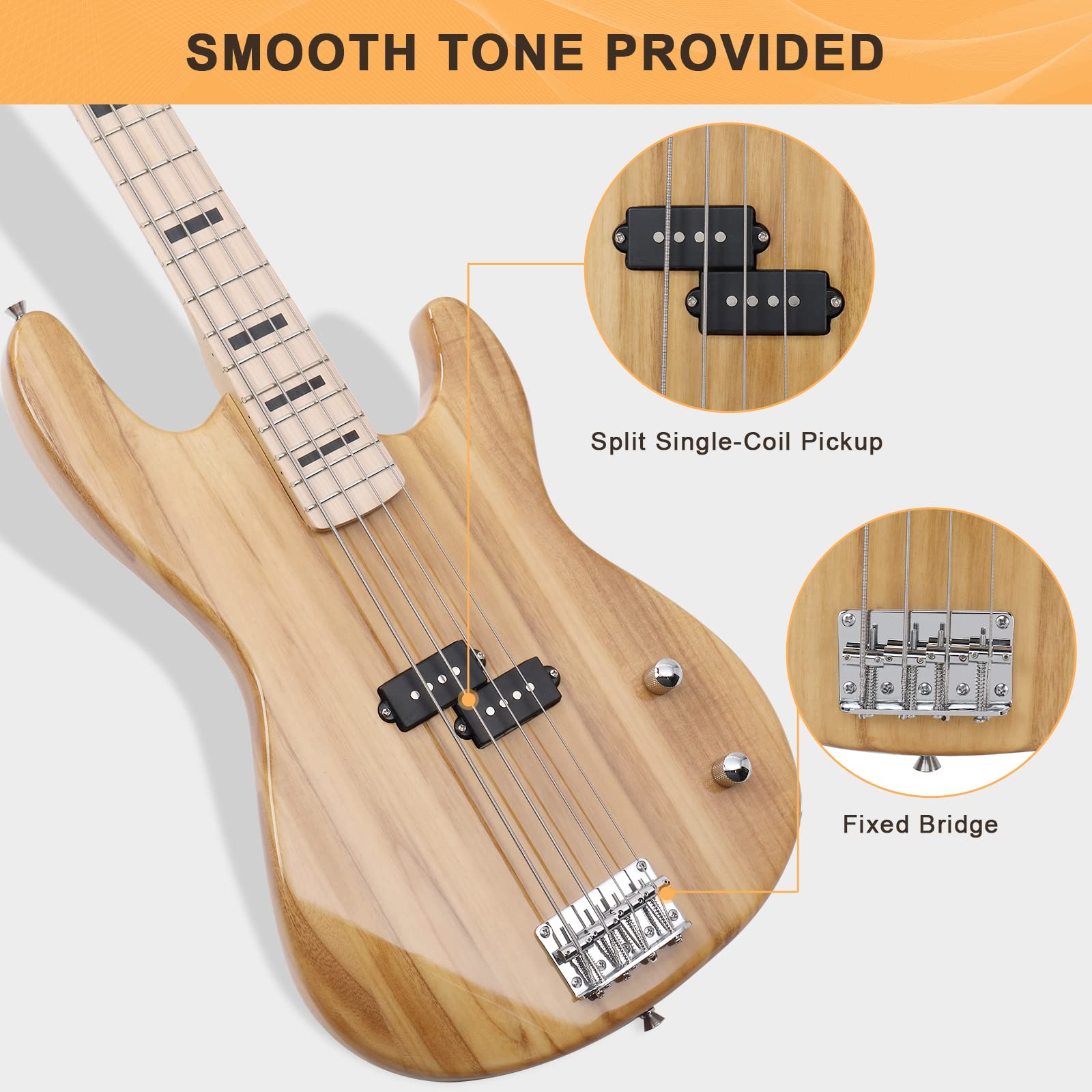 Glarry Gp Series Full Size Electric Bass Guitar 4 String Beginner Kit Canadian Maple Fingerboard With Cable, Strap, Bag And Acce
