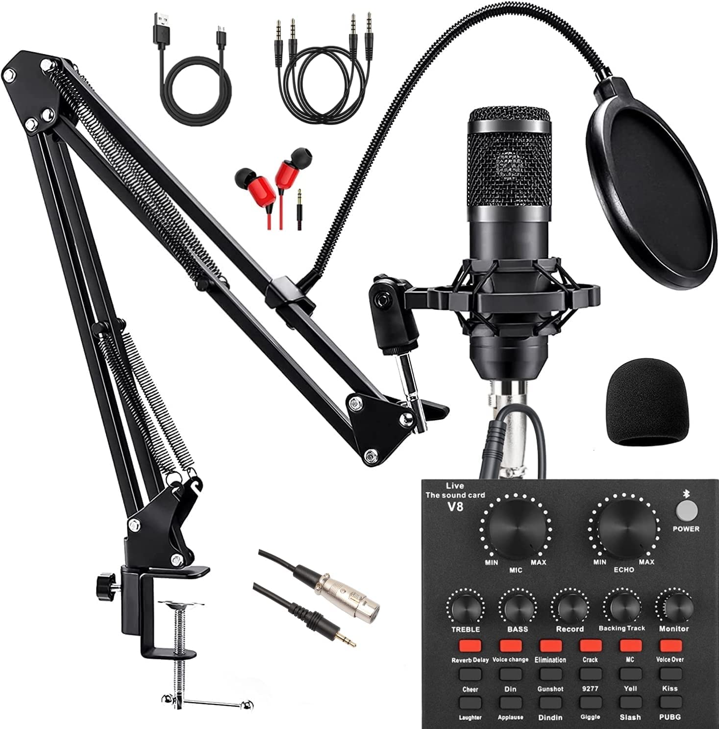 SKTEET Podcast Equipment Bundle, with BM800 Podcast Microphone and V8 Sound Card, Voice Changer - Audio Interface -Perfect for R