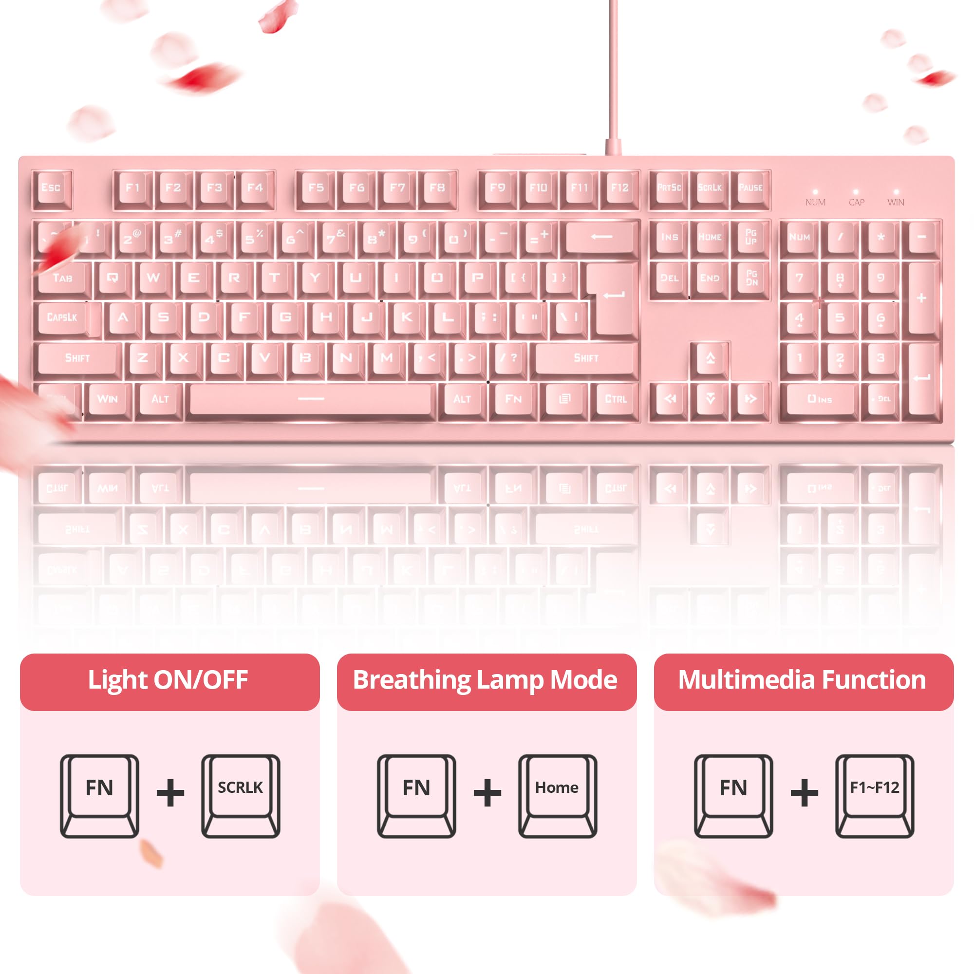 Owpkeenthy Pink Gaming Keyboard, Cute Creamy Keyboard Backlit Wired Quiet Office Keyboard Membrane 104 Keys Mechanical Feeling S