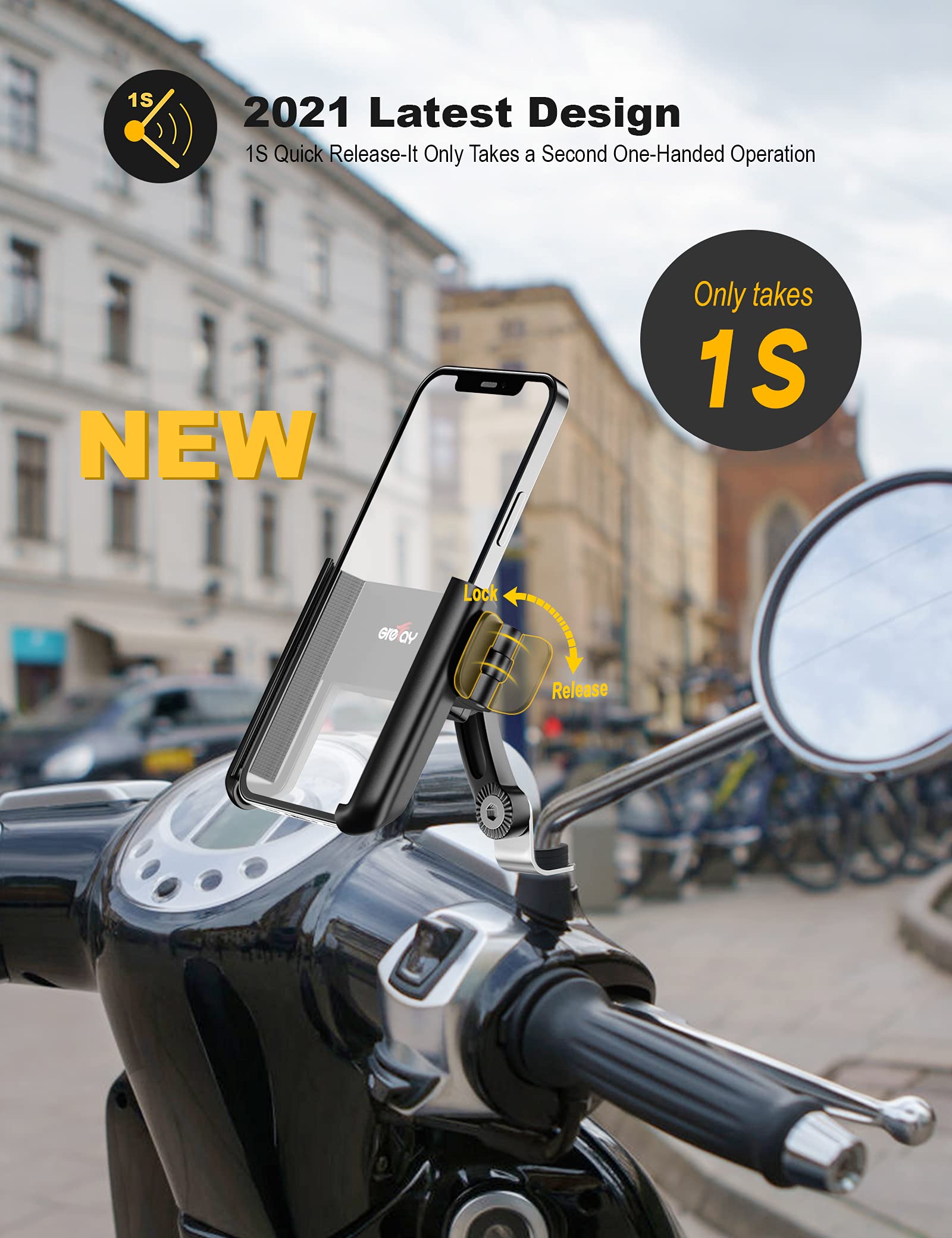 Grefay Motorcycle Phone Mount, 1S Quick Release Anti Shake Motorbike Phone Holder For 3.5 7.0 Inch Smartphone For Motorcycle Mir