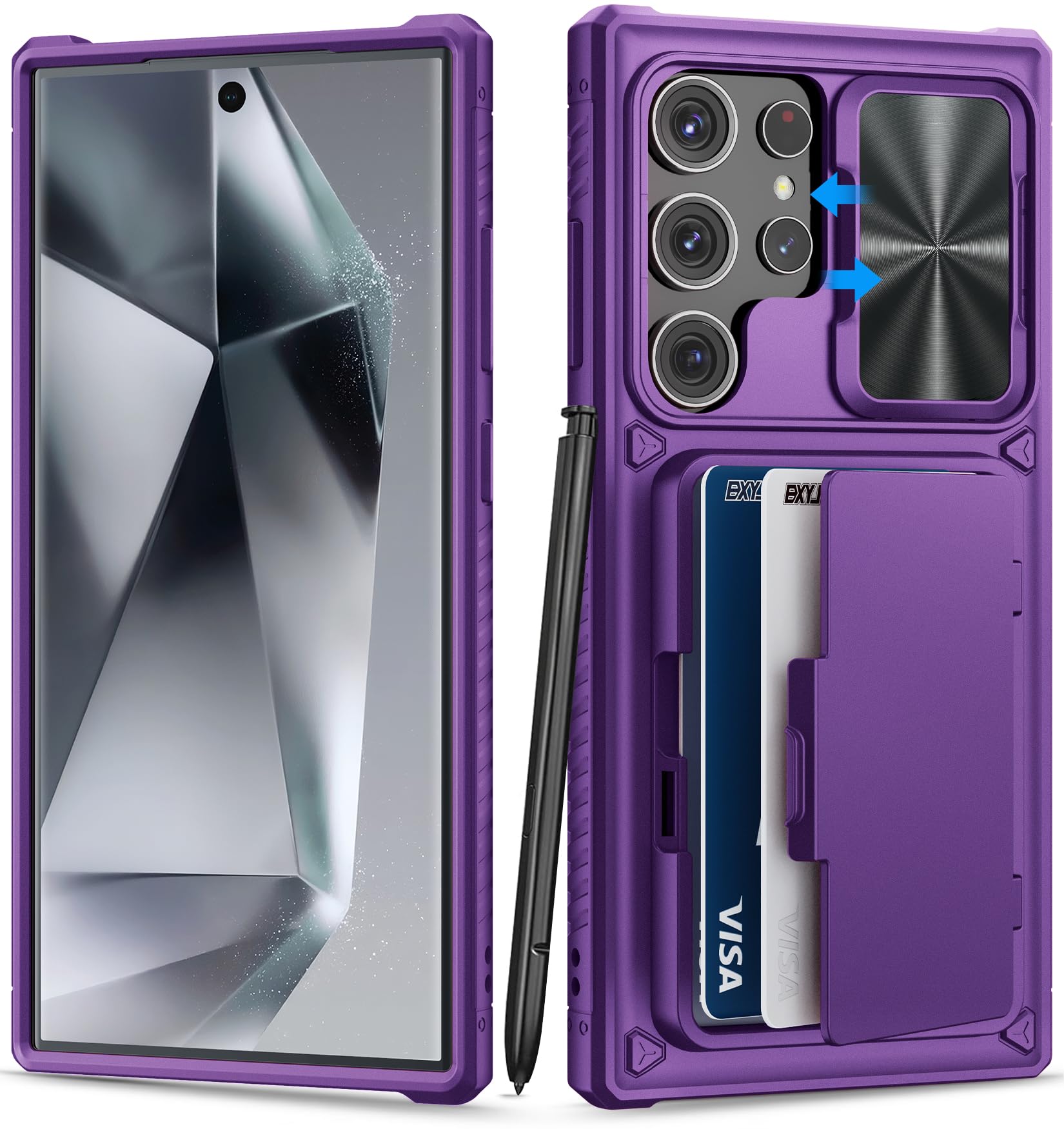 Bxyjy For Samsung Galaxy S24 Ultra Case With Card Holder (4 5 Cards) & Kickstand & Slide Lens Cover, Military Grade Protection,