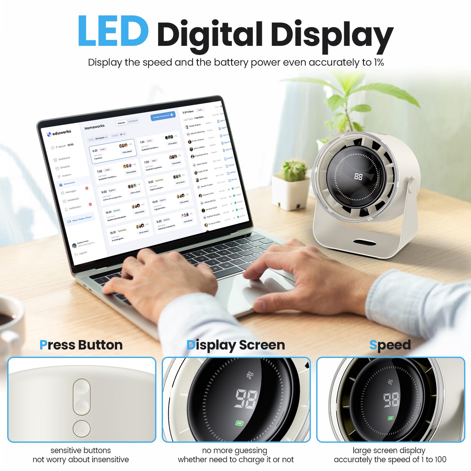 Wsken Desk Fan With Battery Operated, Quiet Digital Display Portable Fan For Office, Bedroom, Kitchen, Home, Outdoor, 100 Speeds