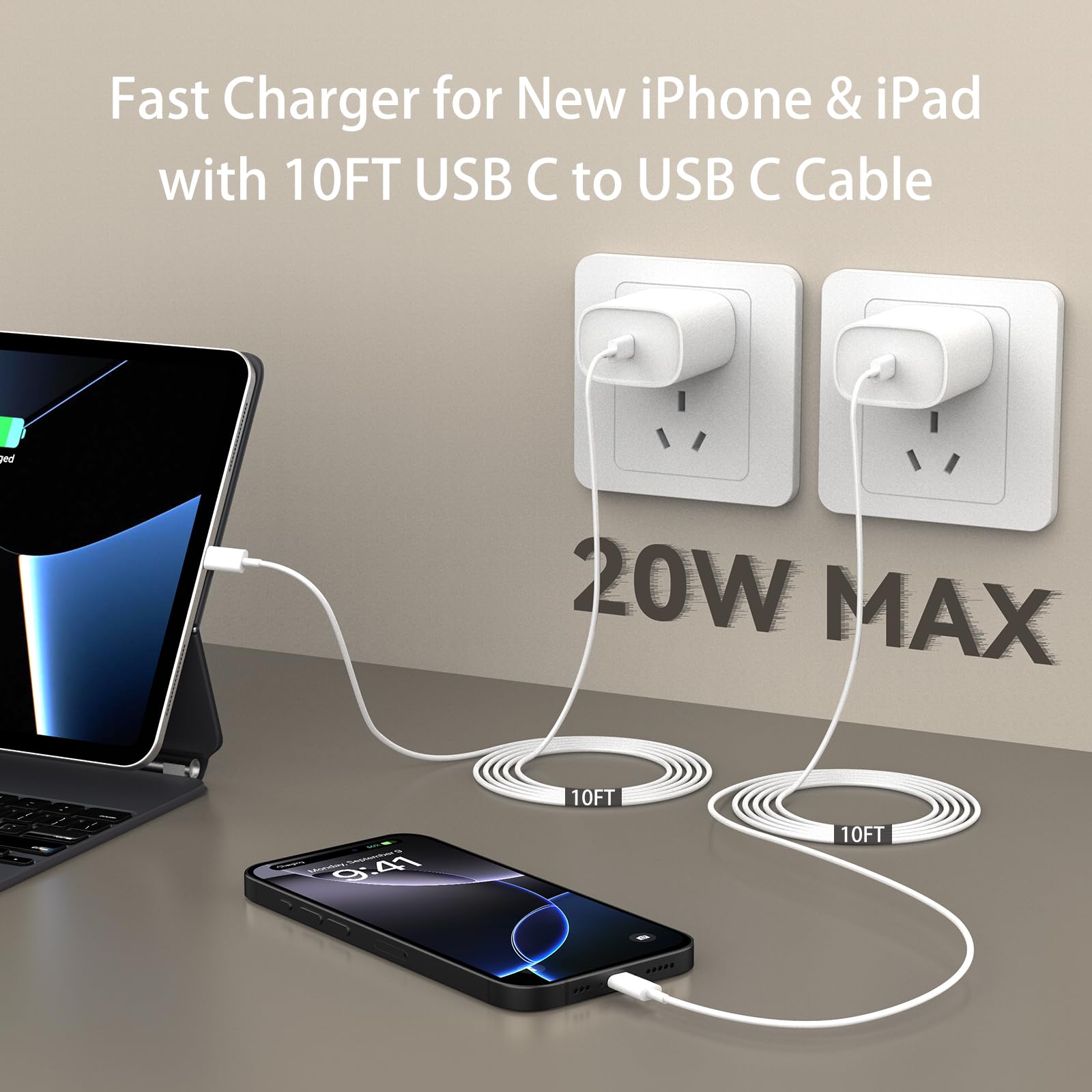 Iphone 16 Pro Max Charger Fast Charging, 10Ft Long Usb C Charger Cable Cord With 20W Iphone 16 Fast Charger Block Wall Charger F