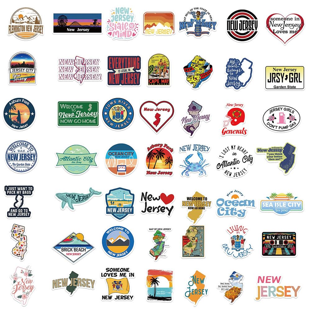 New Jersey Stickers |50Pcs New Jersey Waterproof Vinyl Decals For Water Bottles Laptop Luggage Cup Mobile Phone Computer Skatebo