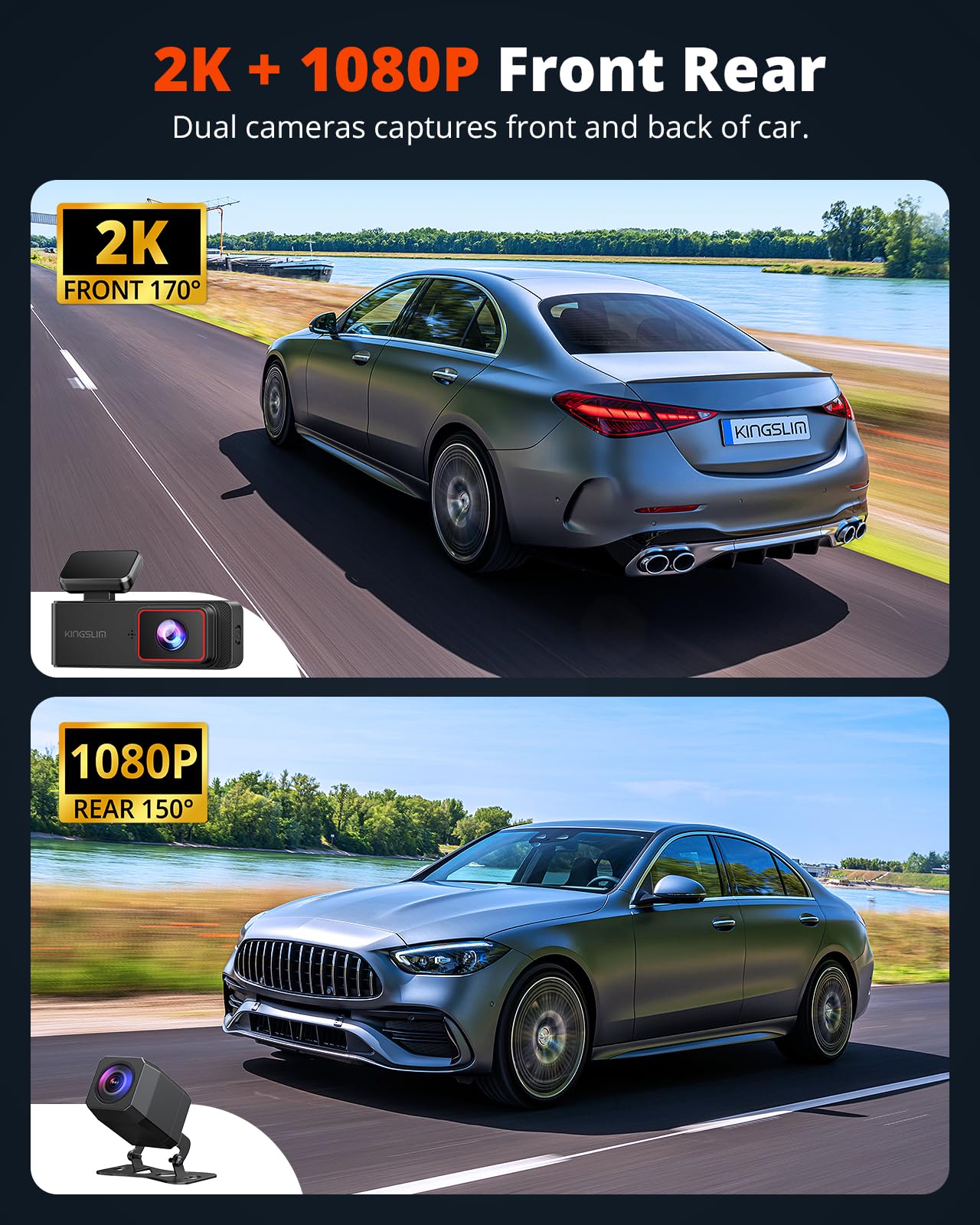 Kingslim 2K Dash Cam Front And Rear With 64Gb Sd Card, Wireless Wifi Dash Camera For Cars, 1.5 Screen Mini Dashcam Front And B