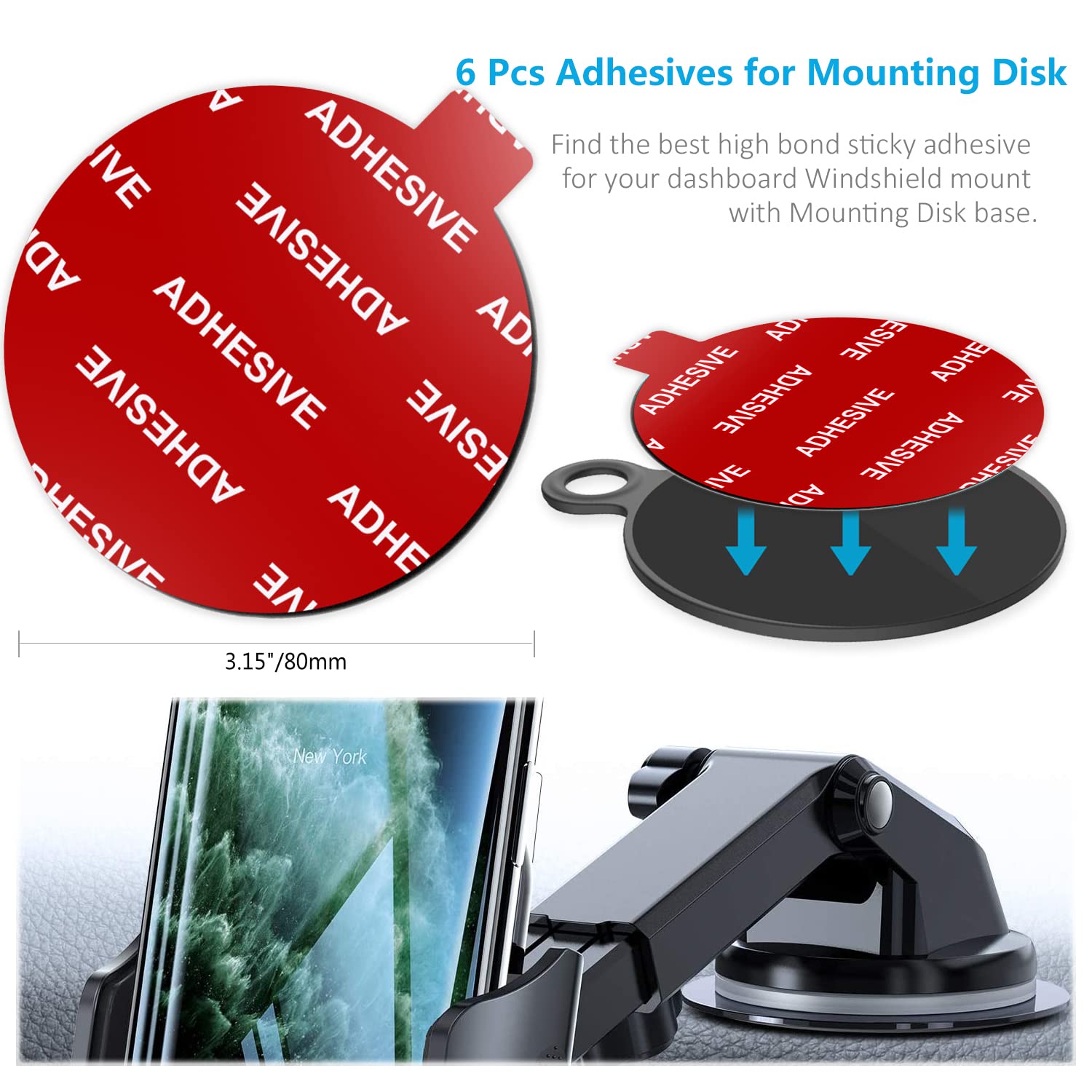Azxyi 6 Pcs Windshield Mount Adhesives For Suction Cup Mount, 80Mm(3.15 Inches) Circle Double Sided Sticker Pads For Dashboard Mounting Disk And Windshield Camera, Gps, Car Phone Mount