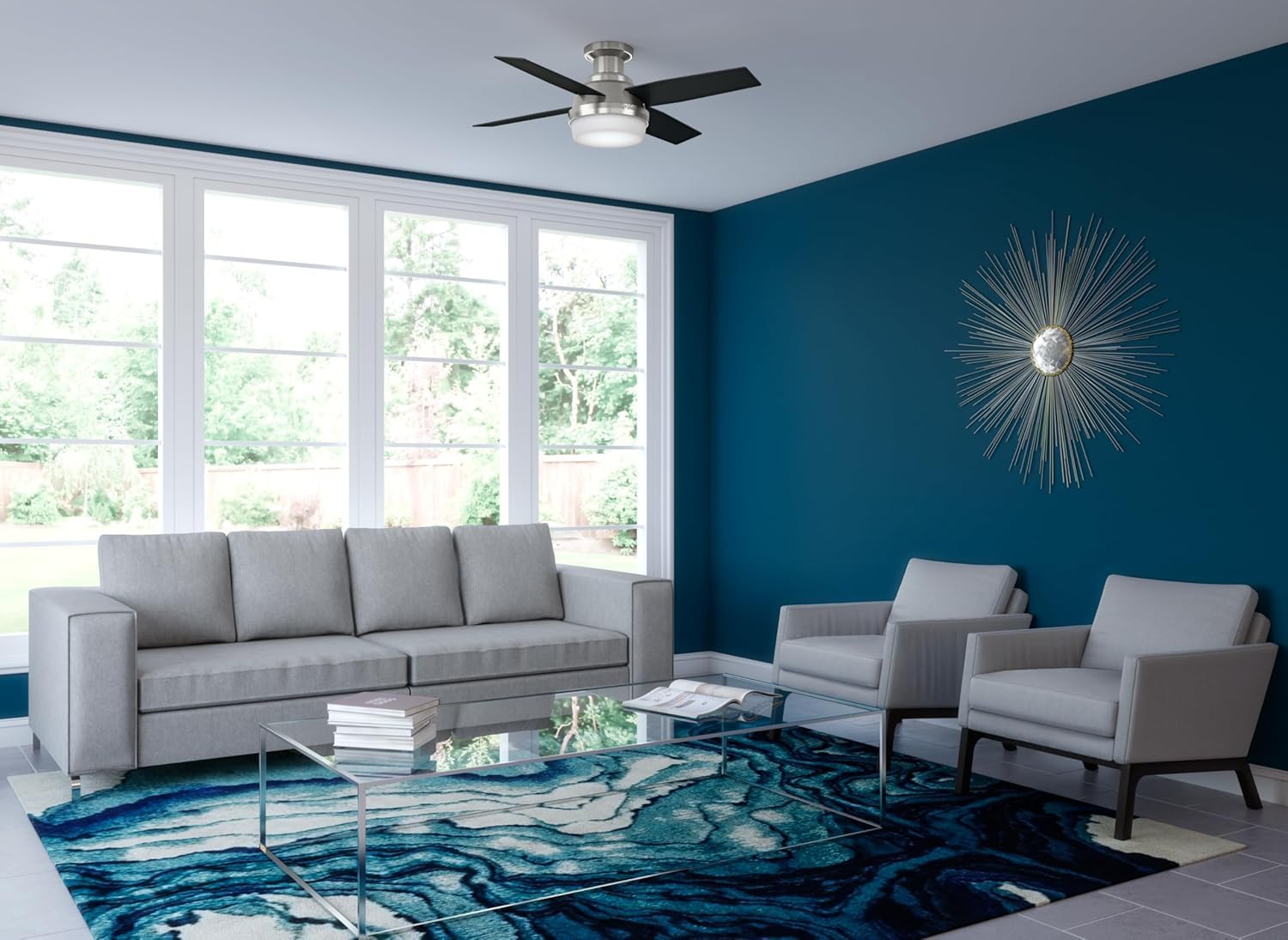 Hunter Fan Dempsey Low Profile Ceiling Fans With Lights And Remote, Flush Mount Ceiling Fan With Lights, Metal, Brushed Nickel F