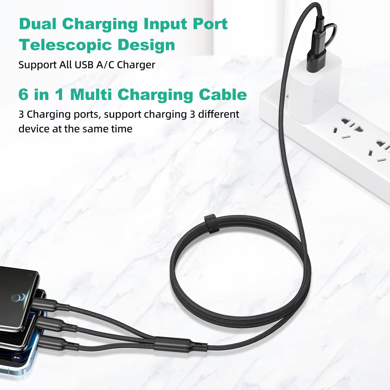 Multi Charging Cable 2Pack 6 In 1 4Ft Multi Multi Charger Cable, Nylon Braided Multi Usb A/C To Phone Usb C Micro Usb Lightning Connector Nylon Braided Charging Cord For Iphone/Samsung Black