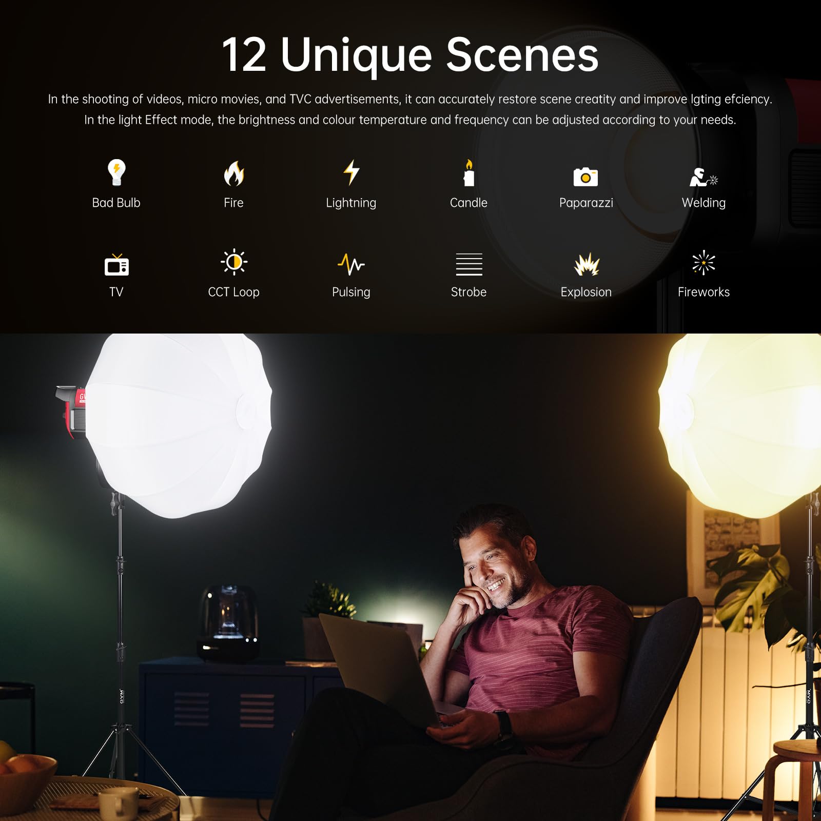 Gvm 300W Photography Lighting Bi Color Video Light With Bowens Mount Lantern Softbox And Stand Cri 97+ Cct 2700K~6800K 12 Lighti