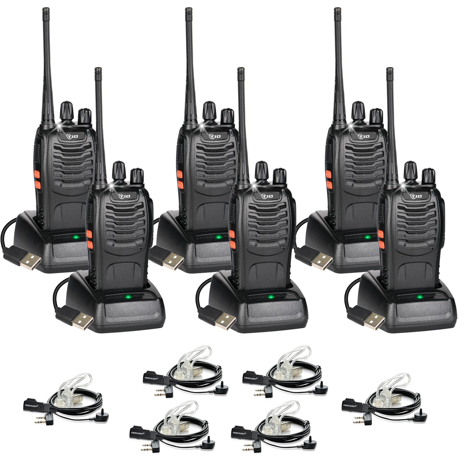 Tidradio Td V2 Walkie Talkies For Adults Long Range, Frequency Copy, Rechargeable Two Way Radios With Secret Service Earpiece, 16Ch Portable Durable Flashlight Vox Walky Talky(Black, 6 Pack)