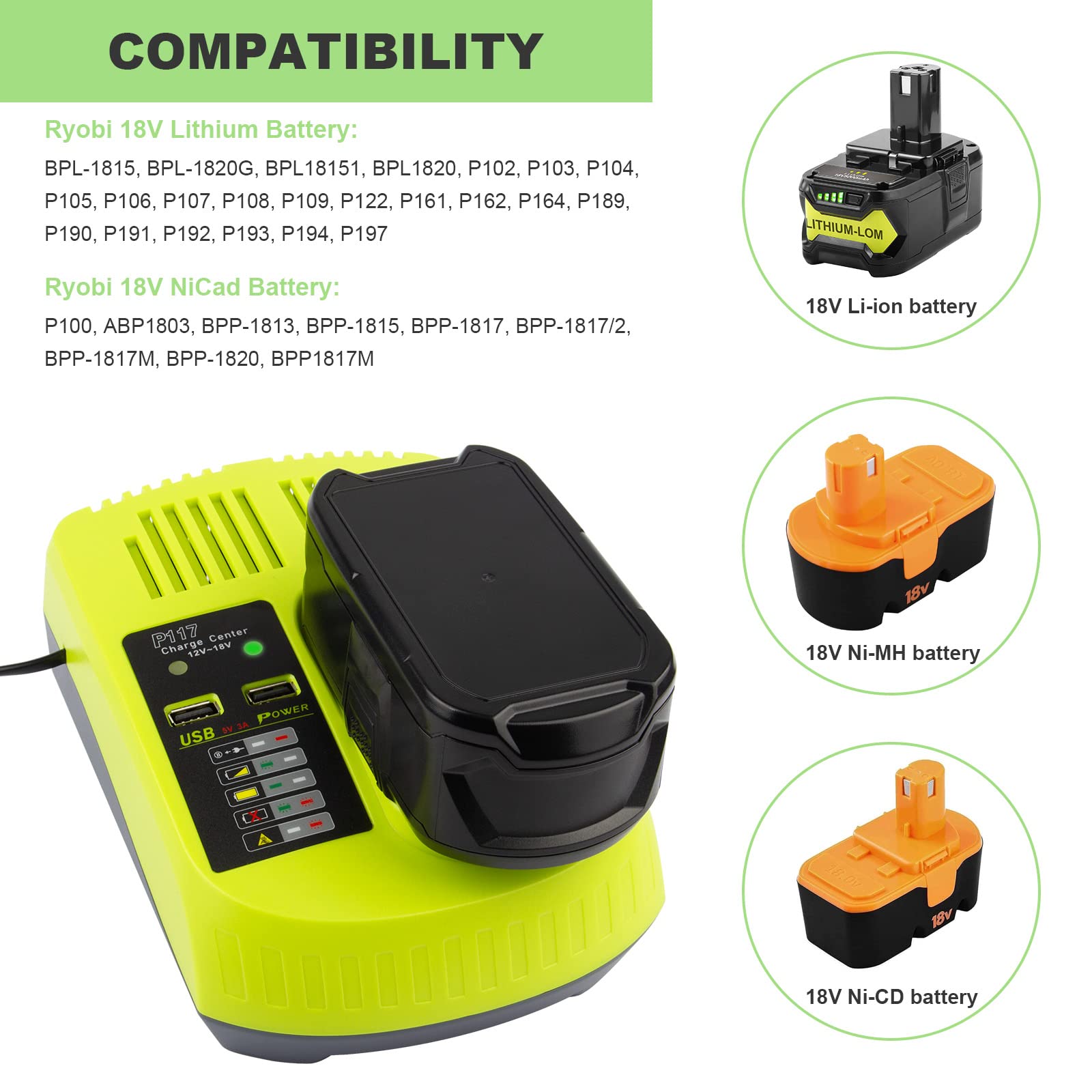 Replacement Ryobi P117 P118 P119 Dual Chemistry Charger Li Ion & Ni Cad Ni Mh Battery Charger 12V 18V Max For Ryobi One+ Plus Ba