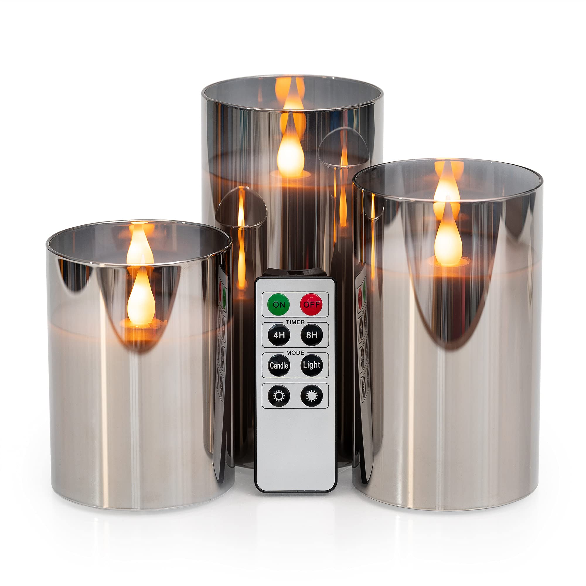 WYZworks Silver Gray Metallic LED Tinted Glass Mirrored Flickering Flameless Pillar Candles, Set of 3 w/Remote Control, Timer, R