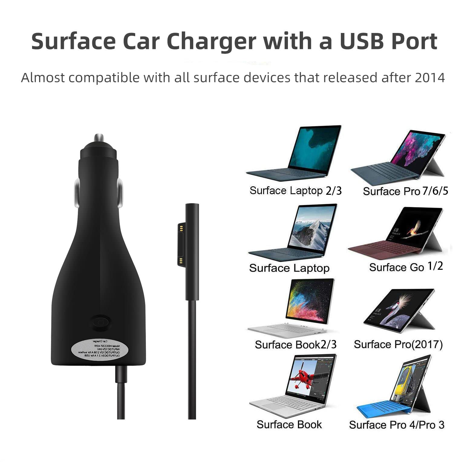 Sisyphy Surface Car Charger With Usb Charging Port, Total 42W 12V 2.58A Power Supply, Compatible For Microsoft Surface Pro7 + Plus Pro6 Pro5~3 Surface Go 1/2 Laptop 1/2/3 Surface Book