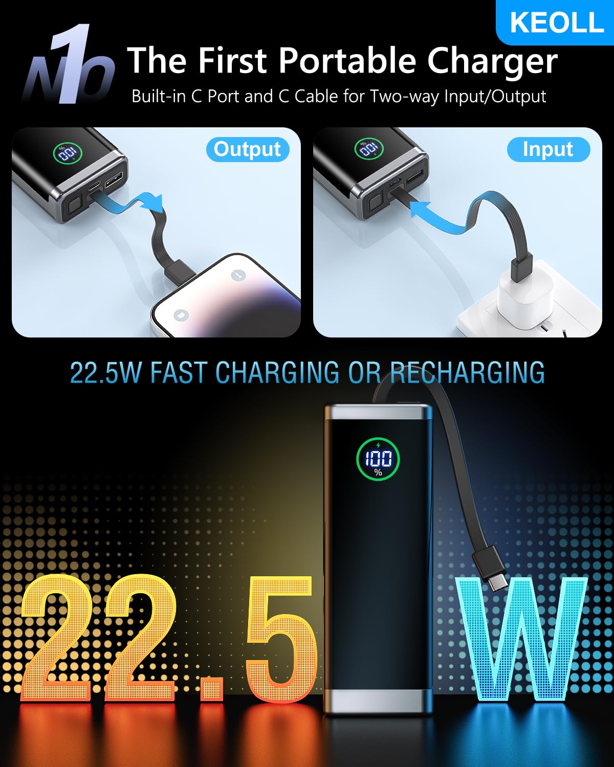 Keoll Portable Charger 40000Mah Power Bank With Built In Usb C Cable, 22.5W Fast Charging External Battery Pack, Portable Phone