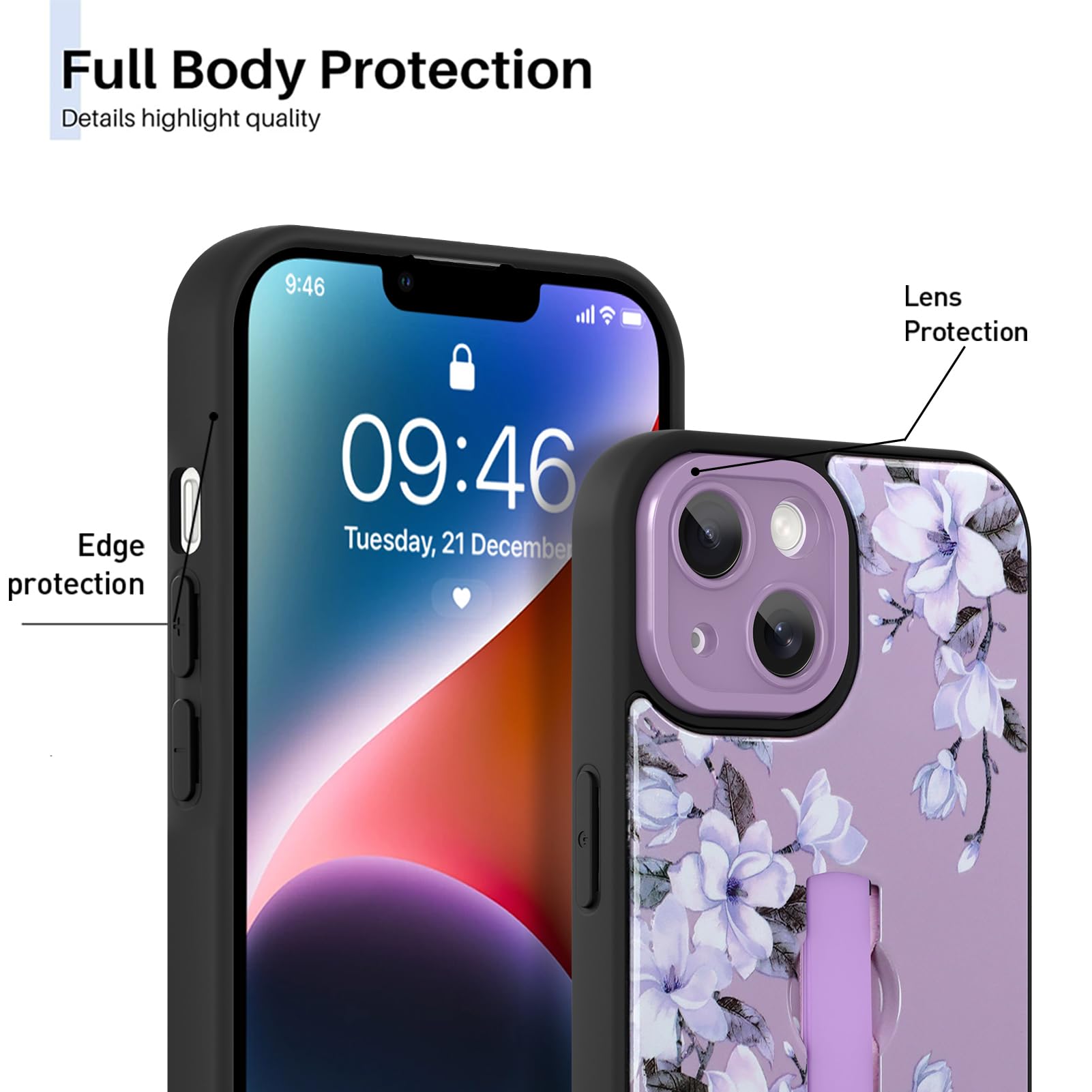 Ufbara Compatible With Iphone 14 Case For Women Men, Cute Flower Floral Pattern, Built In Adjustable Wrist Strap Grip Hand Holde