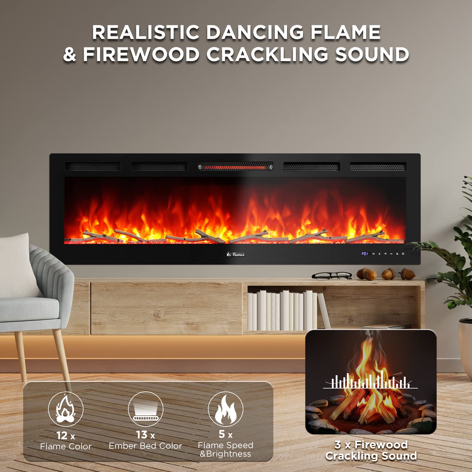 Turbro 60    Smart Wifi Infrared Electric Fireplace With Sound Crackling And Realistic Flame, 1500W Quartz Heater, Recessed Or W