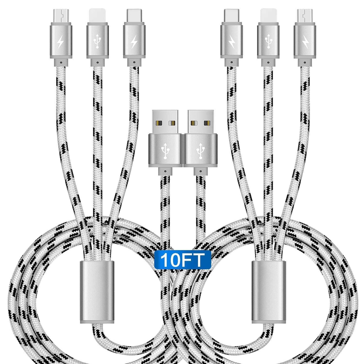 10Ft Multi Charging Cable 3A 2Pcs 3 In 1 Braided Usb Fast Charger Cable With Ip/Micro Usb/Type C Adapter Port For Cell Phones/Ip
