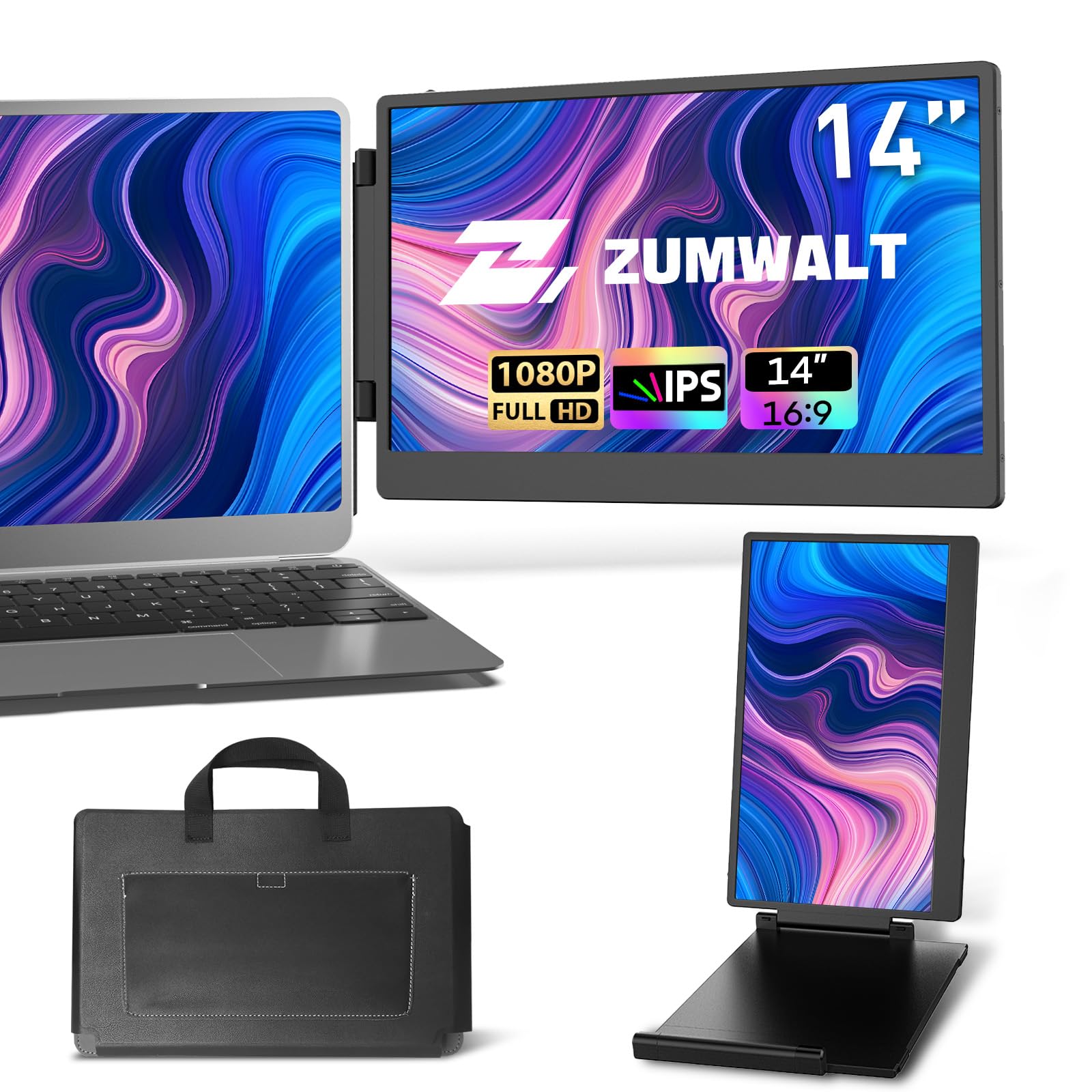ZUMWALT Portable Laptop Screen Monitors Extender - 14 1080P FHD Portable Monitors with Adjustable Stand for 13-16.1 Laptop, 