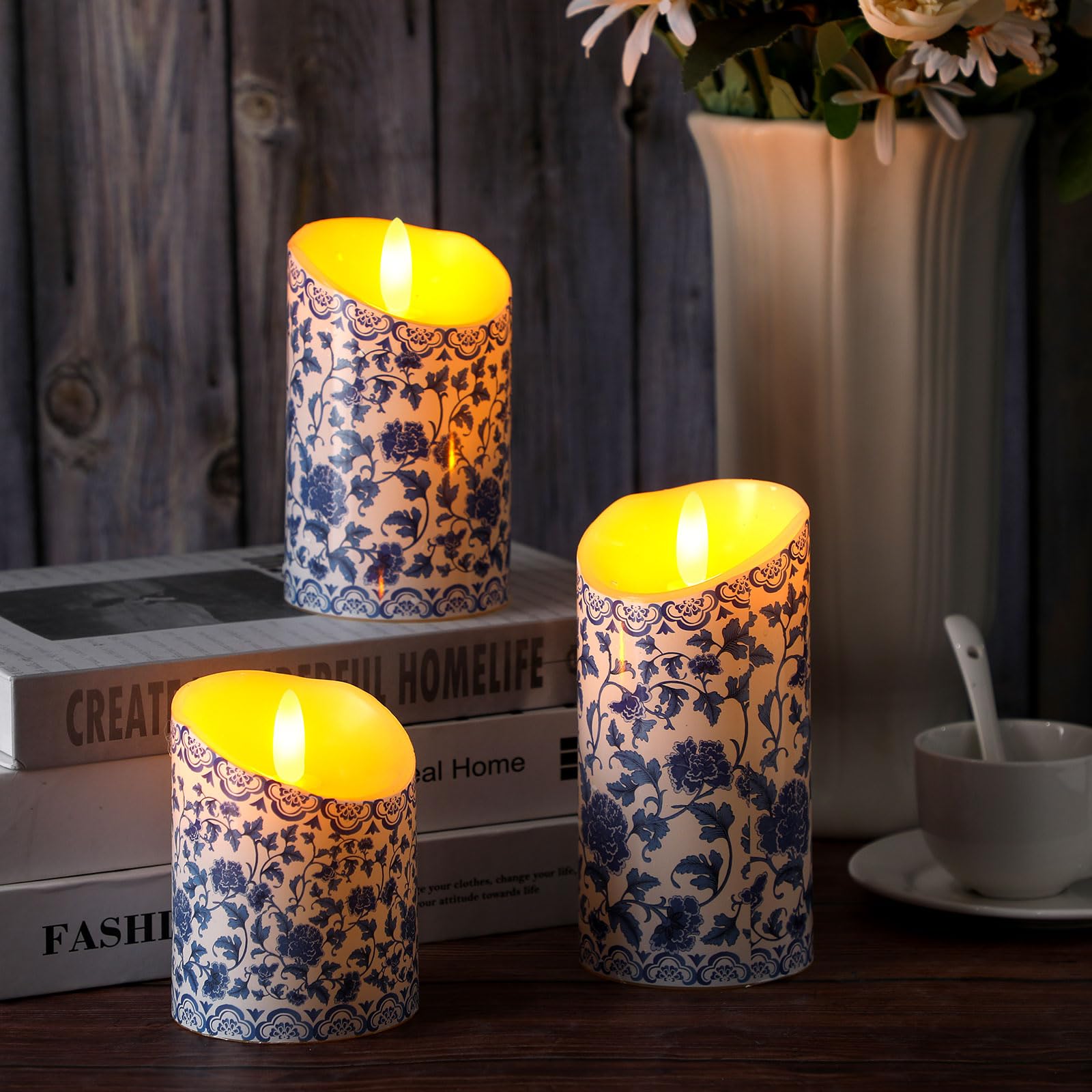 Tujoe 3 Pcs Chinoiserie Flameless Candles Blue And White Battery Operated Candles Blue White Floral Printed Faux Candles With Re