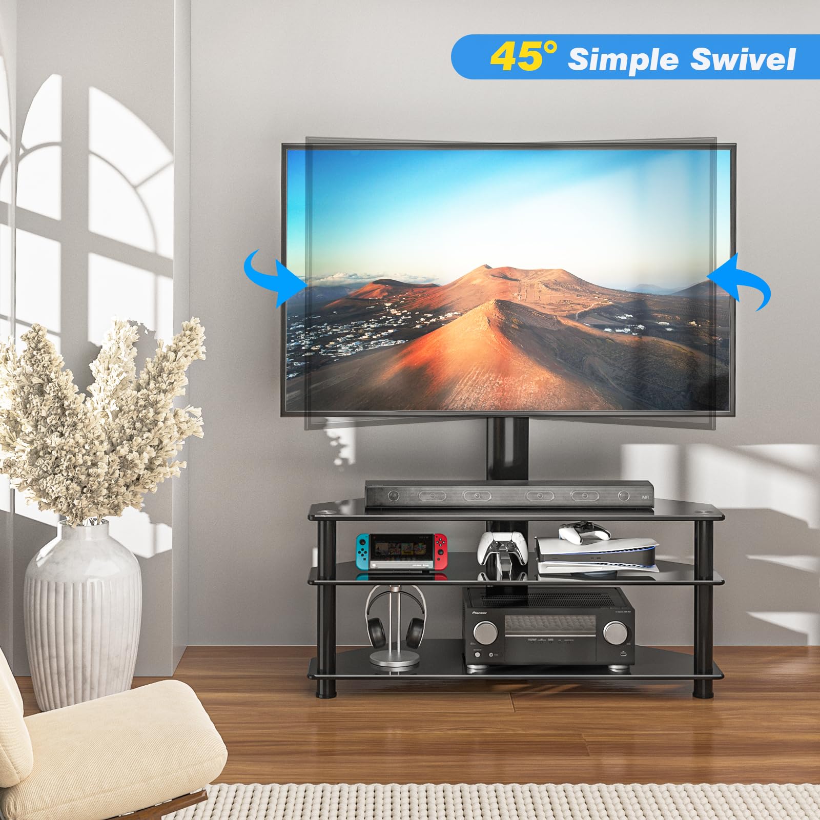Rfiver Corner Swivel Glass TV Stand with Mount for 32-70" TVs, Adjustable Height, Black, Tempered Glass, 3-Tier Storage