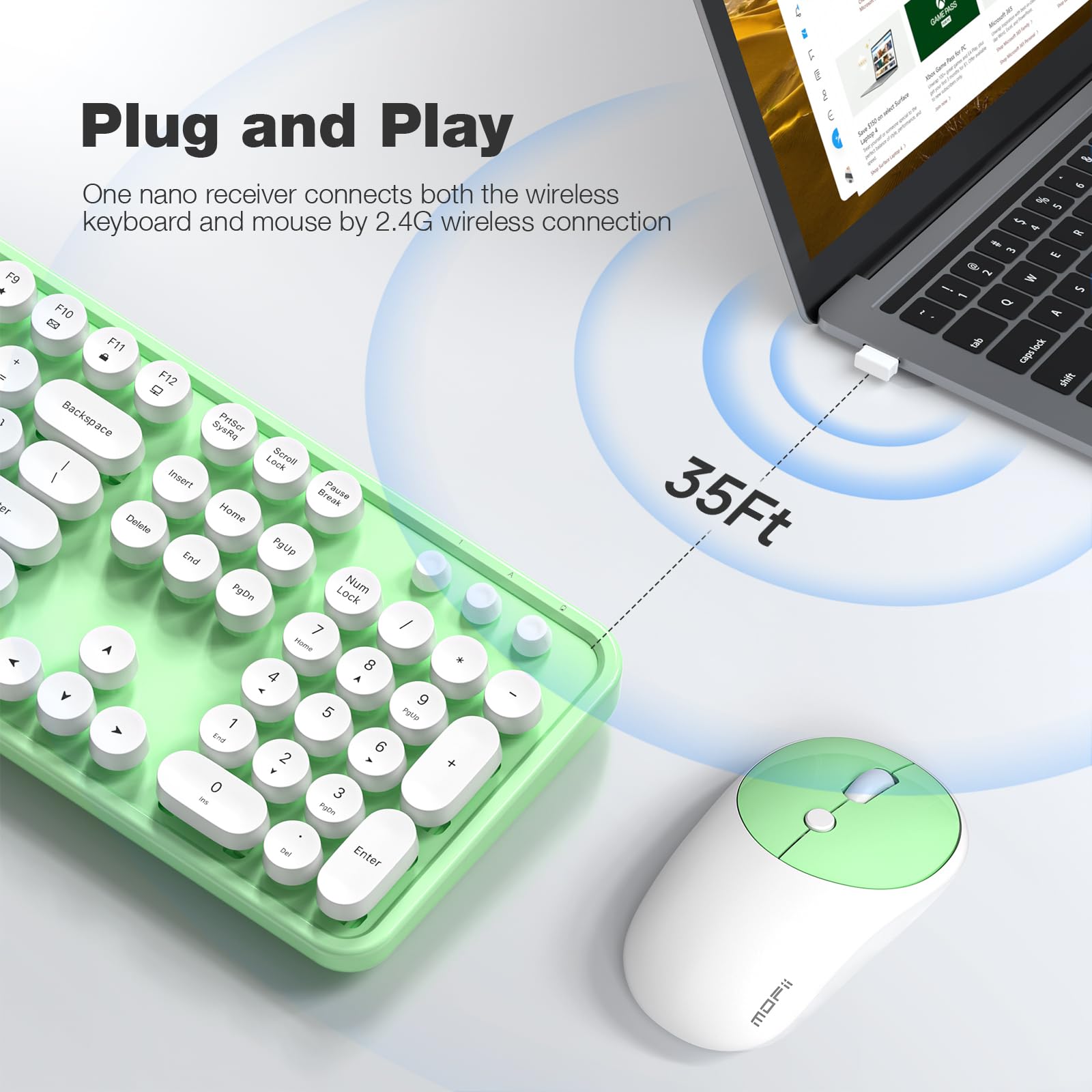 Mofii Wireless Keyboard And Mouse Combo, Computer Full Size 2.4G Plug And Play Wireless Typewriter Retro Round Keyboard And Mous