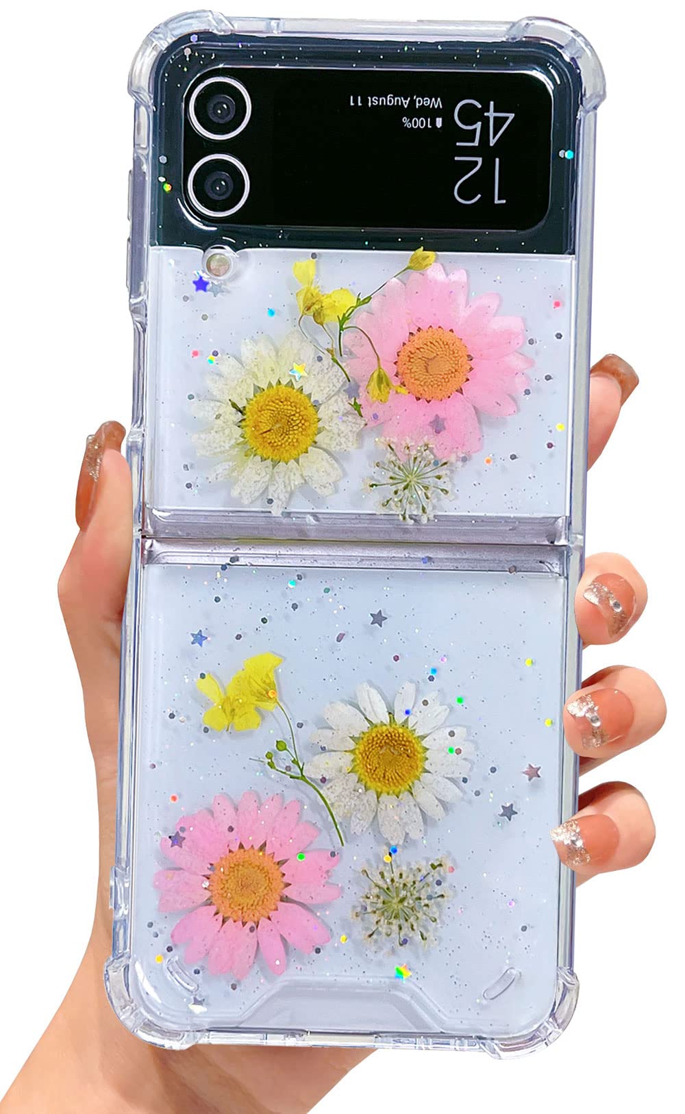 Abbery for Samsung Galaxy Z Flip 4 5G Case Clear with Design, Cute Floral Stars Moon Sparkle TPU & PC Transparent Dried Real Flo