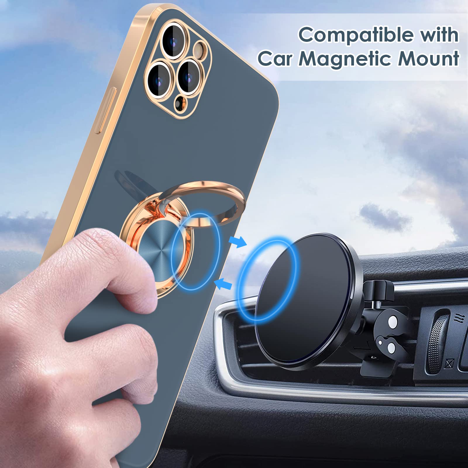 Hython For Iphone 11 Pro Max Case With Ring Stand, Plating Rose Gold Edge 360 Rotatable Ring Holder Magnetic Kickstand Cover, Sl