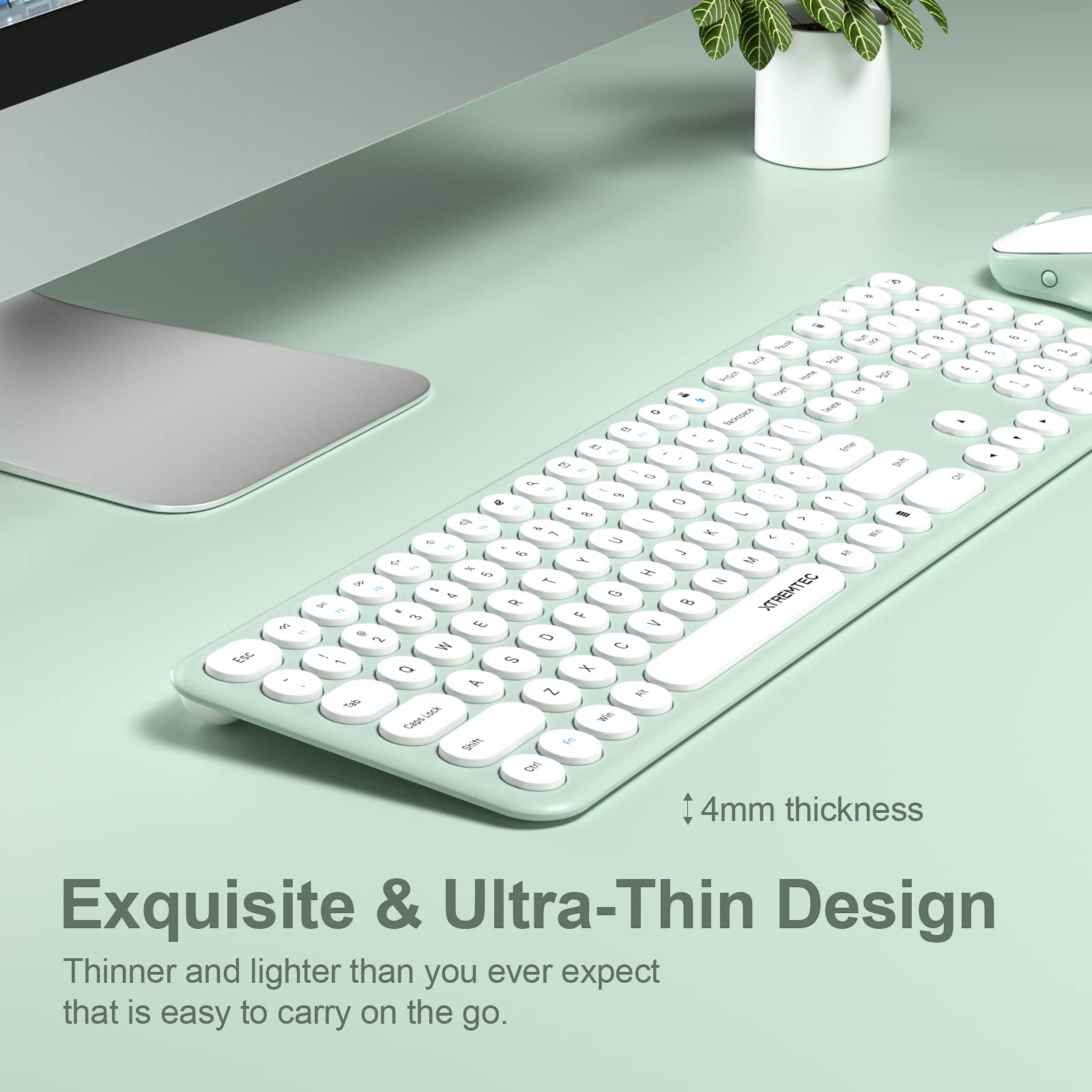 XTREMTEC Wireless Keyboard and Mouse, Ultra-Slim Retro Round Keycap, Macaron Green, Model K102A for Mac/PC Desktops