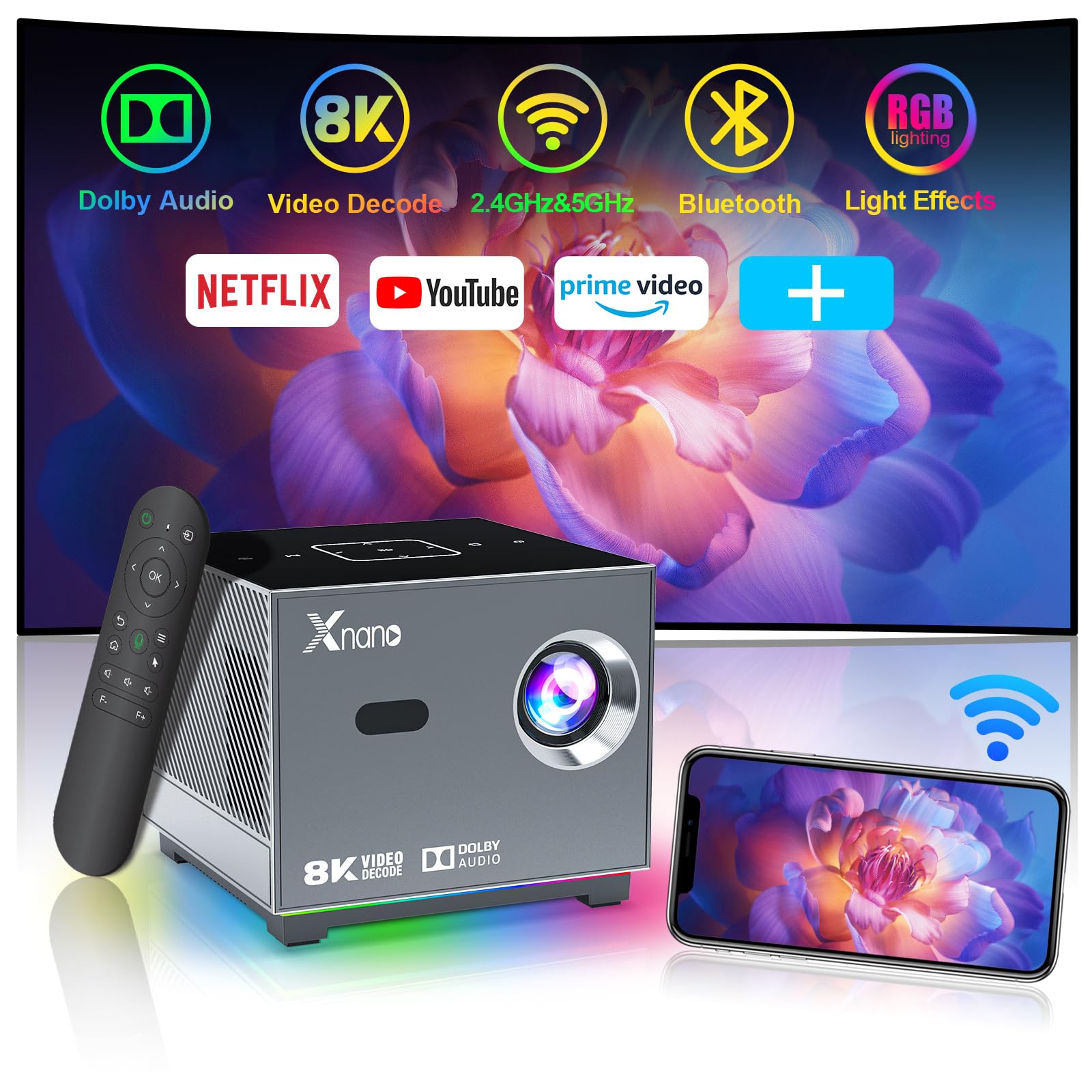 [8K/4K Video Decode Support & Electric Focus] Xnano Mini Projector With 5G Wifi And Bluetooth, Portable Smart Movie Projector Fo