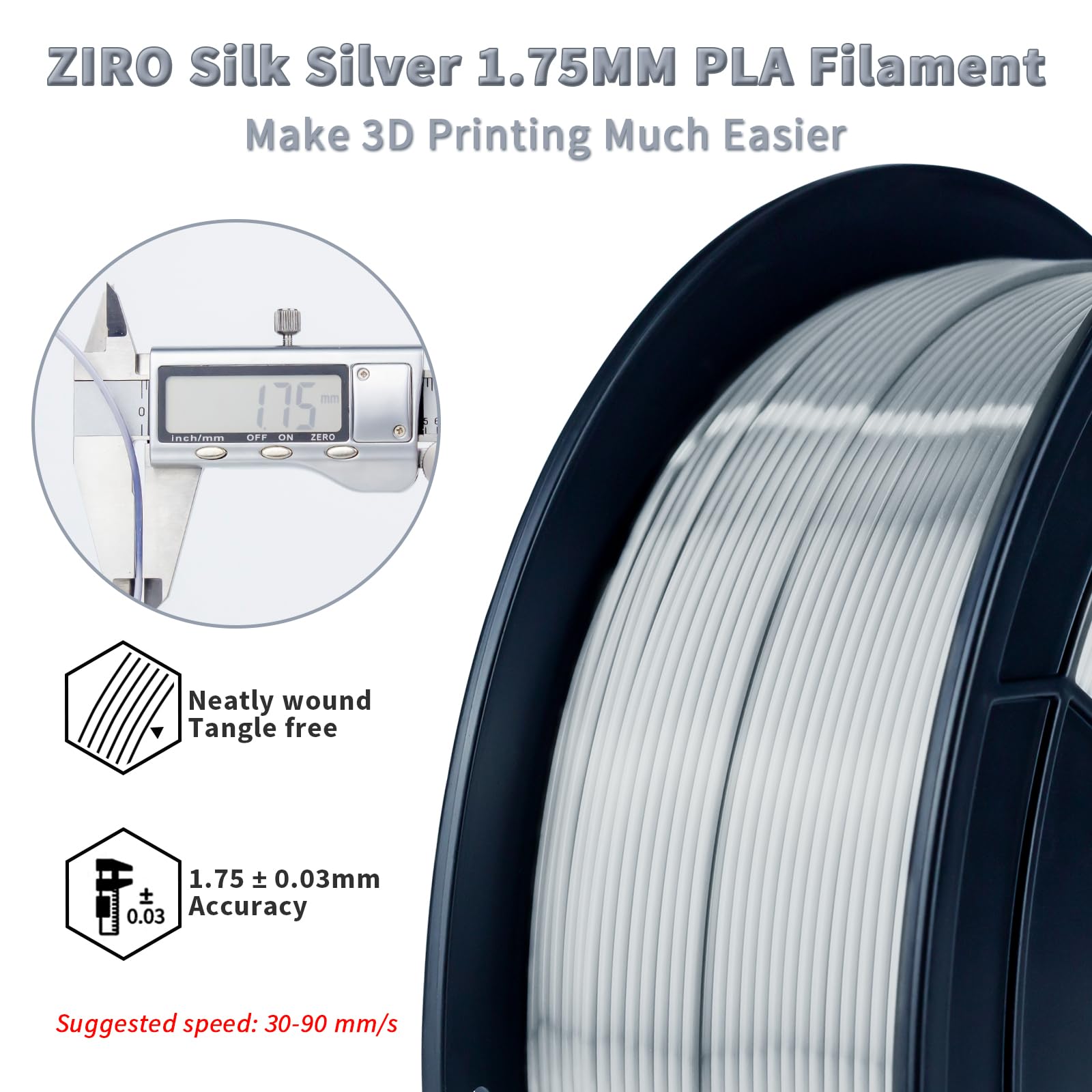 Ziro Pla 3D Printer Filament, Silky Silver Pla Filament 1.75Mm 1Kg/2.2Lbs Spool, Shiny Shine 3D Printing Material, Metal Metalli