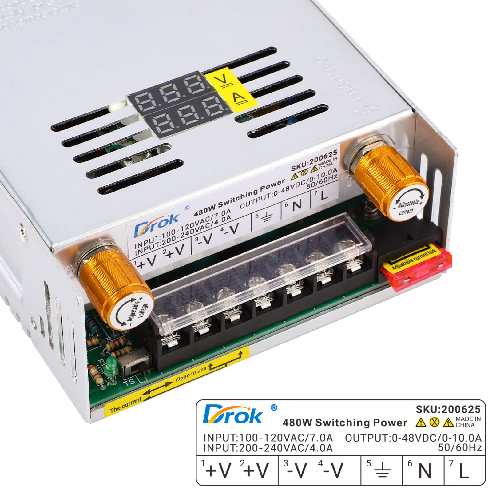 Drok 48V Power Supply, Ac 110V/220V To Dc 0 48V 0 10A 480W Buck Converter, Volt Amp Adjustable Adapter Regulated 5V 12V 24V 30V