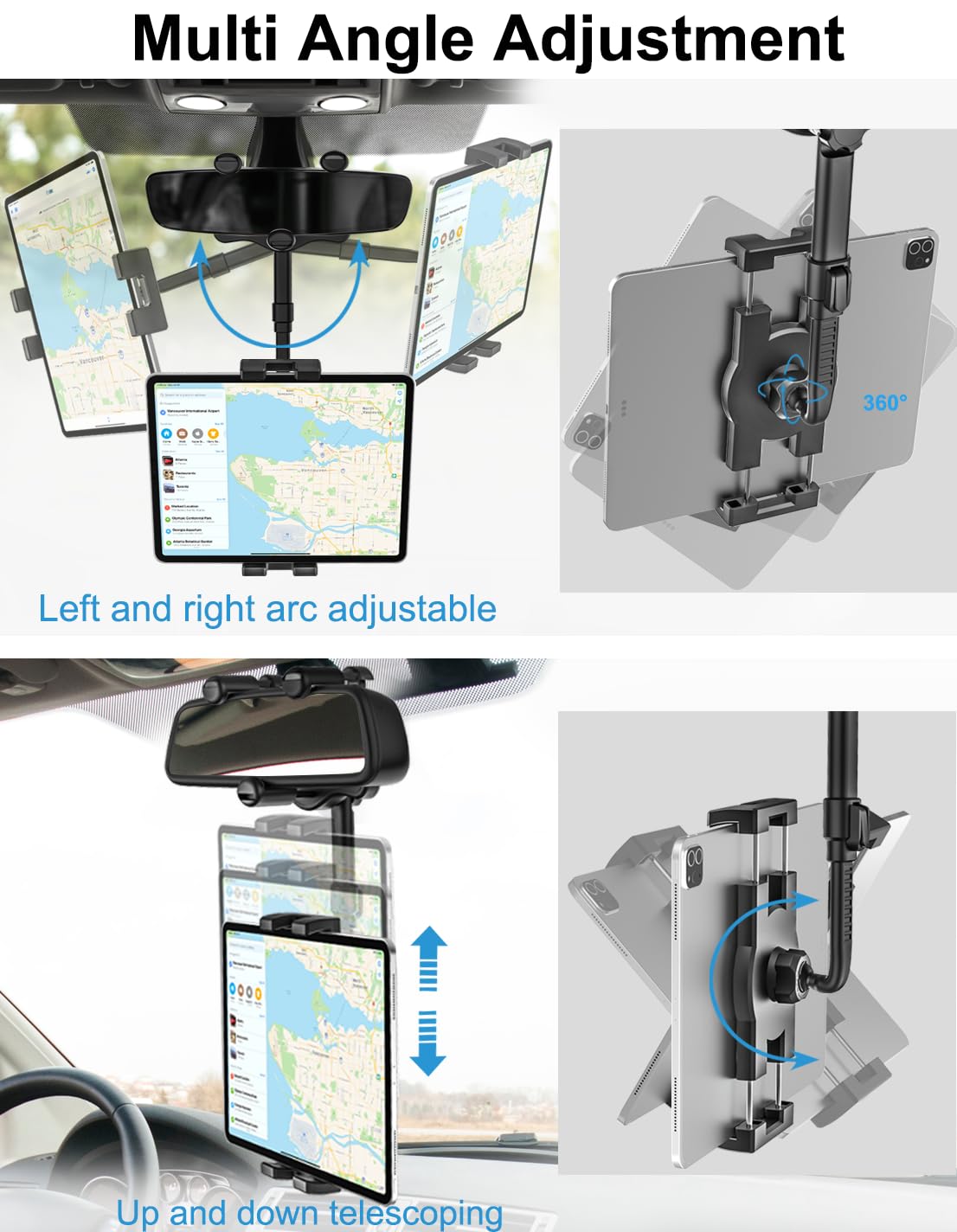Woleyi Rearview Mirror Tablet Holder For Car, Rear View Mirror Car Tablet Mount, 360 Rotatable Adjustable Universal Tablet Clip