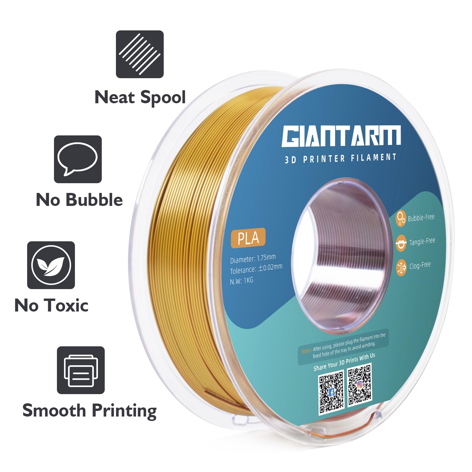 Giantarm Tri Colors Silk Pla Filament, 3D Printer Filament 1.75Mm +/ 0.02Mm, 1Kg (2.2Lbs) Spool, Vacuum Packaging (Gold+Silver+C