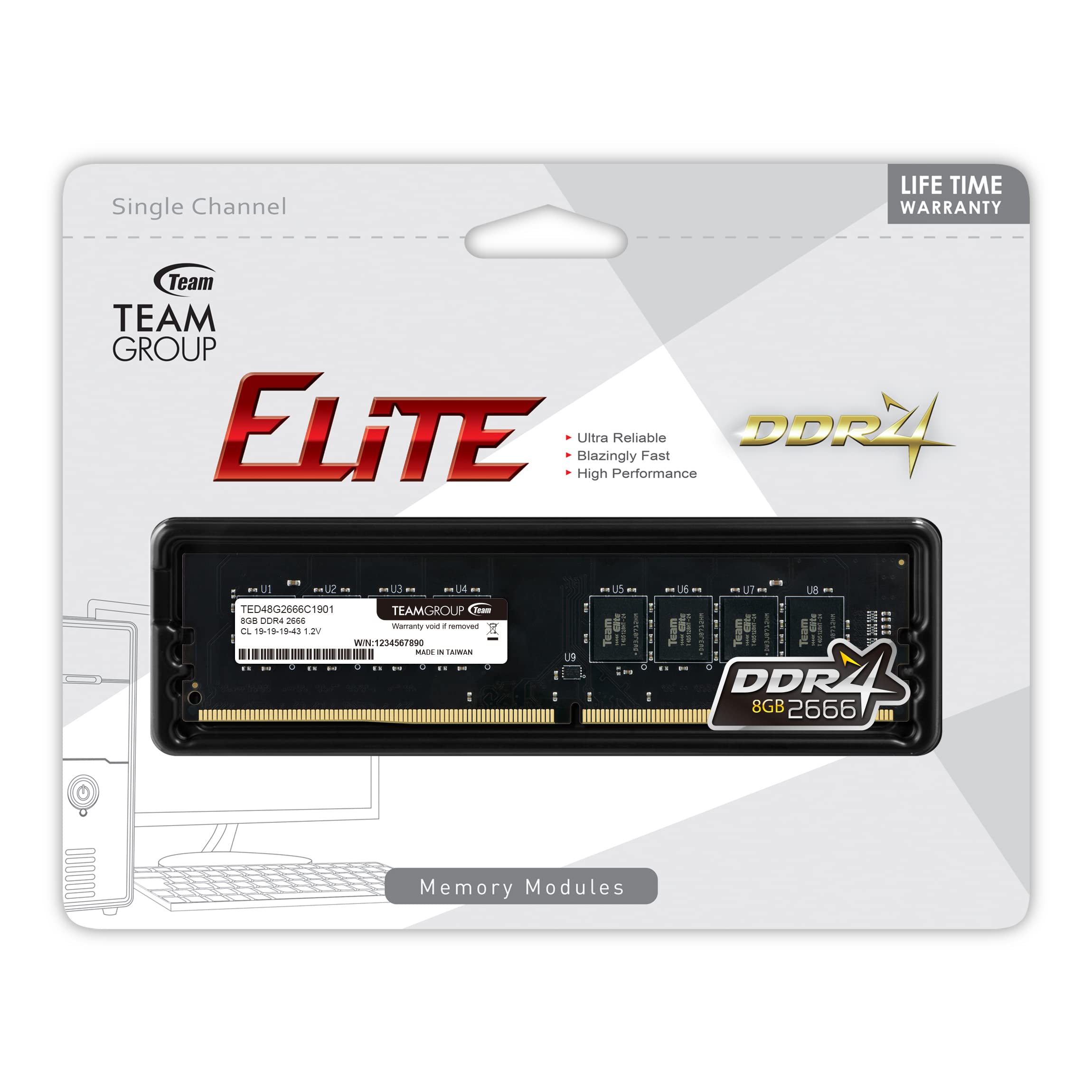 Teamgroup Elite Ddr4 8Gb Single 2666Mhz Pc4 21300 Cl19 Unbuffered Non Ecc 1.2V Udimm 288 Pin Pc Computer Desktop Memory Module R